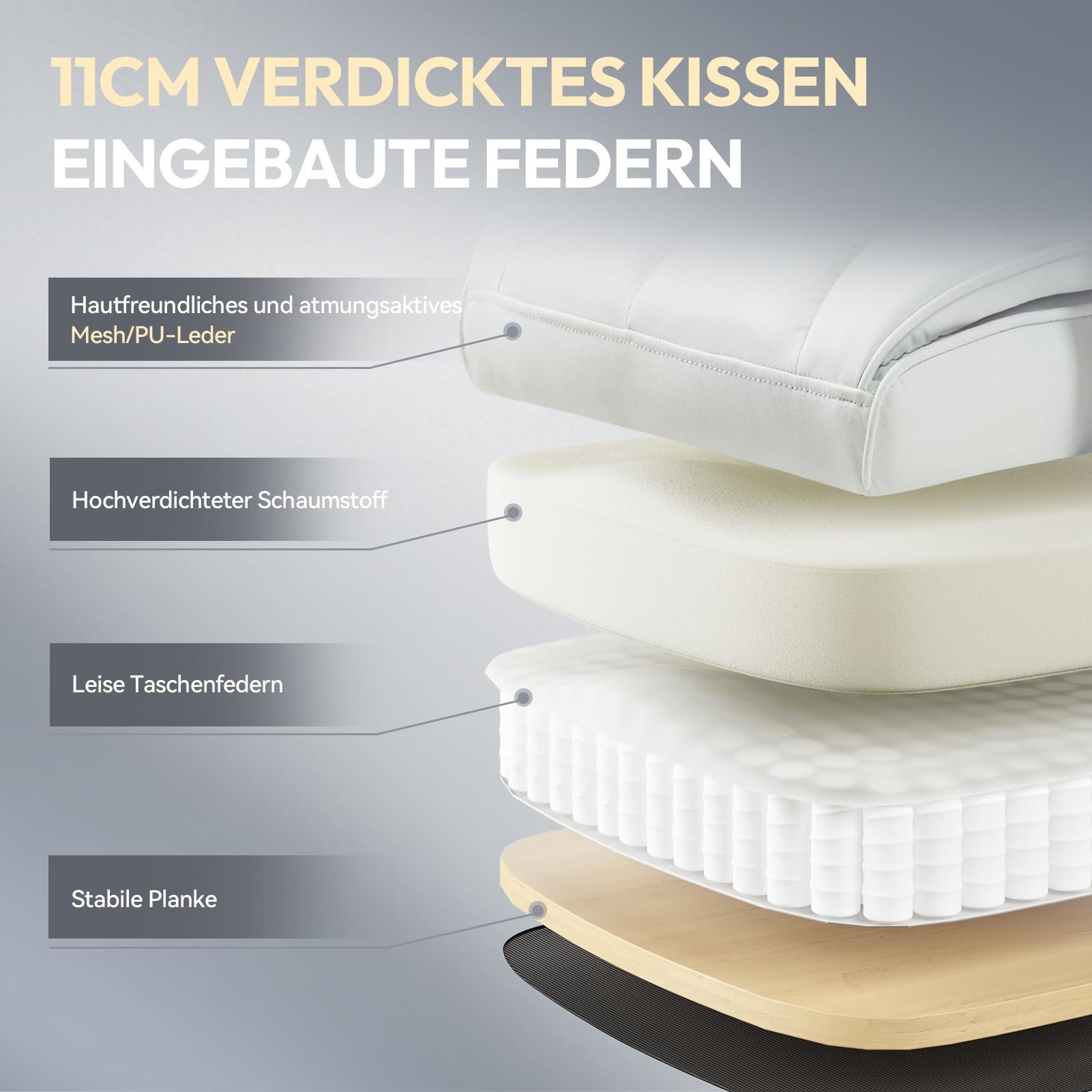 Dowinx Gaming-Stuhl Bürostuhl Ergonomisch mit Taschenfeder-Kissen (Packung), Chefsessel mit weiche Rückenlehne und verstellbare Lendenkissen – Bild 3 von 5