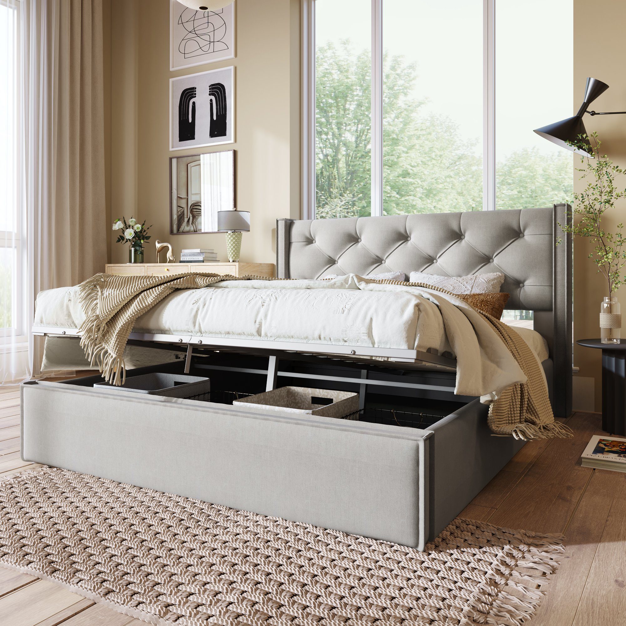 REDOM Polsterbett Hydraulisches (160x200cm,Bett mit Lattenrost aus Metallrahmen ohne Matratze), Bett mit Lattenrost aus Metallrahmen
