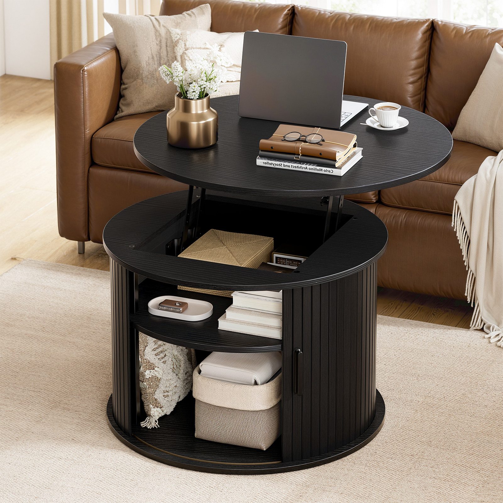 FABATO Couchtisch Runder Couchtisch mit Lift-Funktion & gewelltem Holzdekor (1-St., mit verstecktem Stauraum, offenem Regal), drehbarer Schiebetür als kleiner Esstisch fürs Wohnzimmer