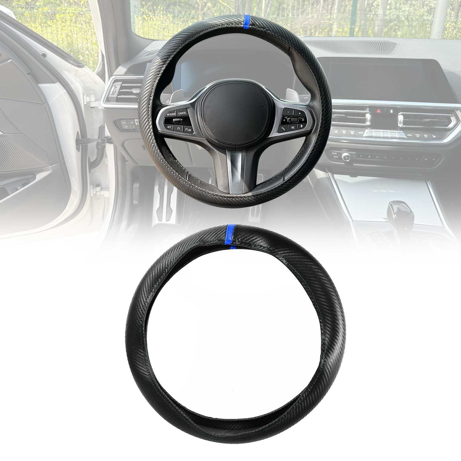 OMAC Lenkradbezug Lenkradschoner Lenkrad Abdeckung Schwarz Blau Streifen Ø 38-40 cm, (1-tlg), Geruchlos, Leicht Anpassbar, Flexibel