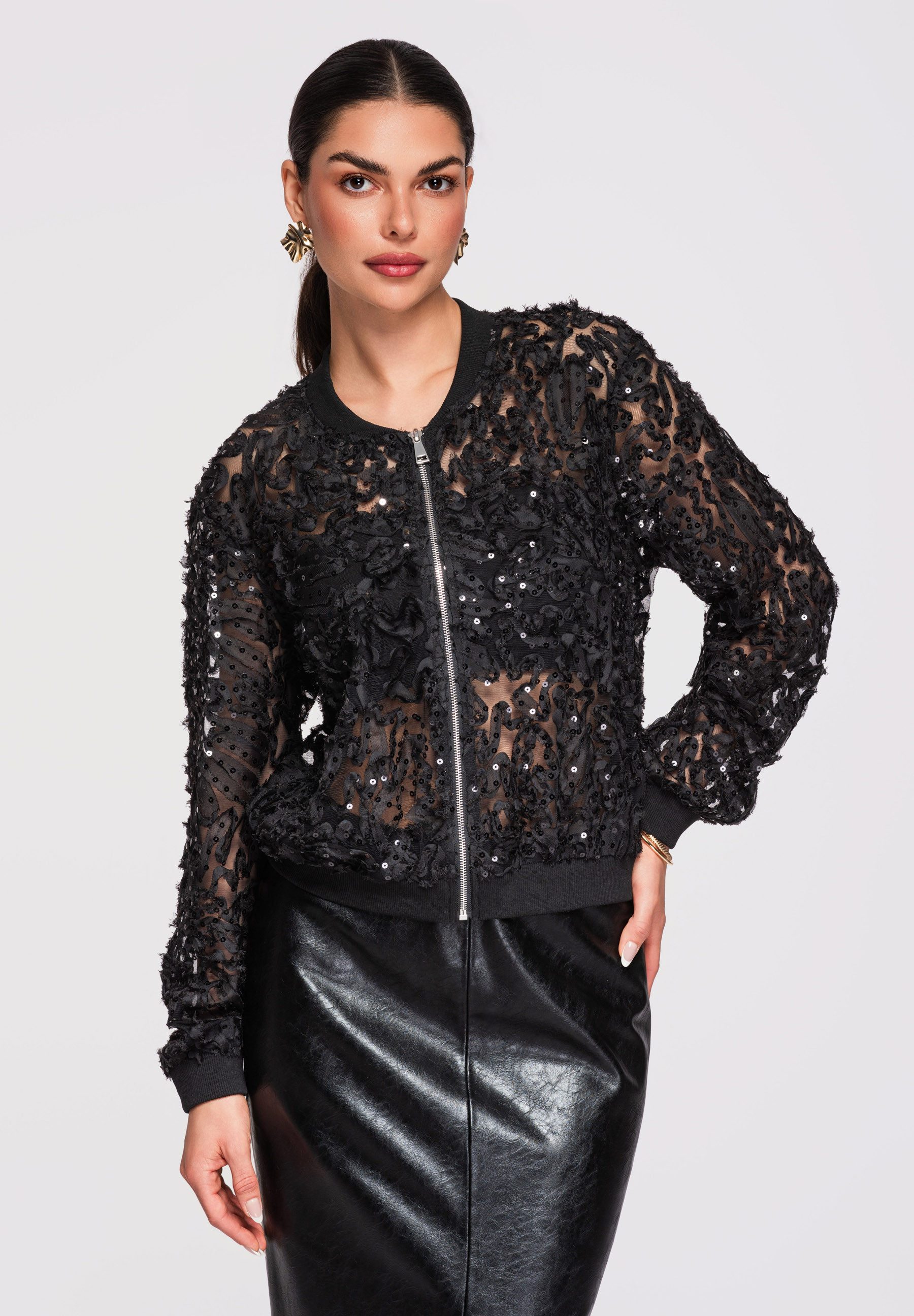 OMBRE Bomberjacke Damen Bomberjacke Pailletten Textilapplikationen Fashion Schwarz S (1-St) Dekorative Pailletten, Textilapplikationen