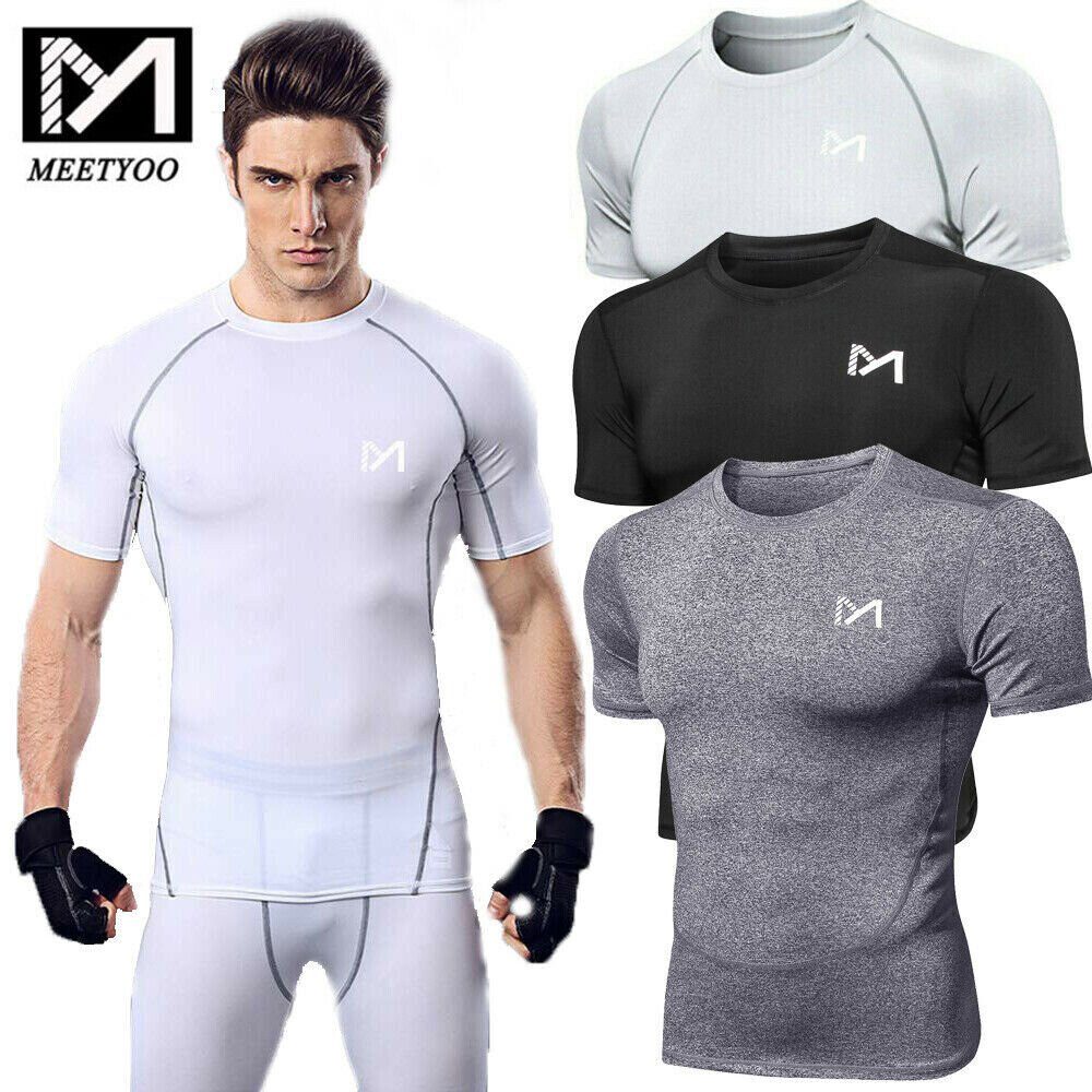 MEETYOO T-Shirt Herren Kompressionsshirt T-Shirt Tops (Trainingsshirt, Kurzarmshirt, Funktionsshirt) Trainingsshirt, Fitness, Gym Weiß