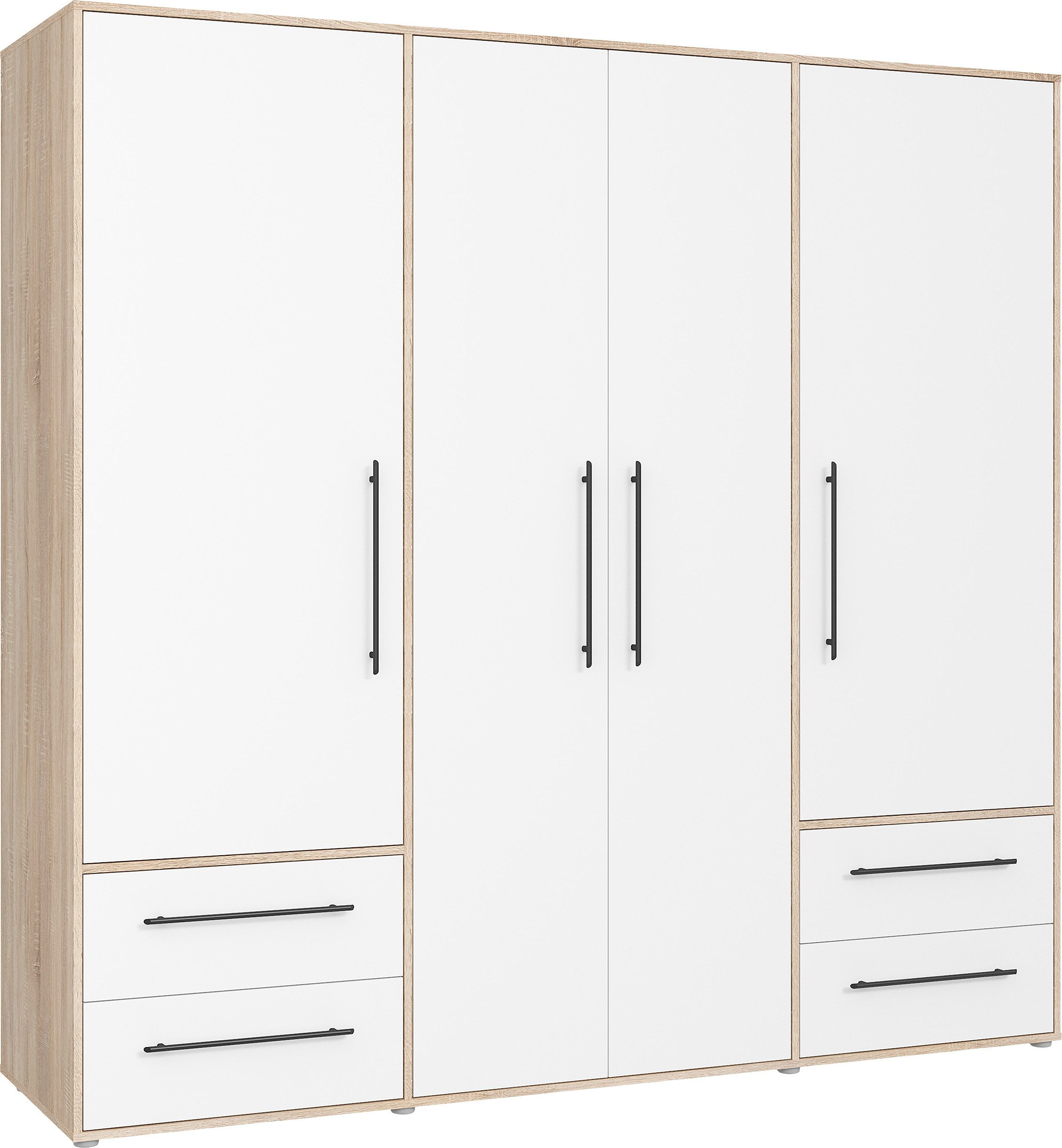 FORTE Kleiderschrank Mokkaris, Garderobe, zeitloses Design, 4 Türen, Made in Europe (B/H/T ca. 206x200x59cm) 4 Schubladen + schwarze Stangengriffe, Made in Europe, viel Stauraum
