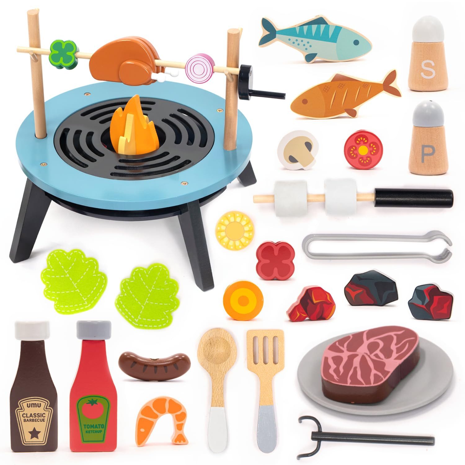 CLTYQ Kinder-Grill Holz-Grill-Set für Kinder,45-teiliges Grill-Spielset mit Fleisch, (45-tlg), Gemüse, Fisch, Marshmallows & Zubehör -für Kinder ab 3 Jahren