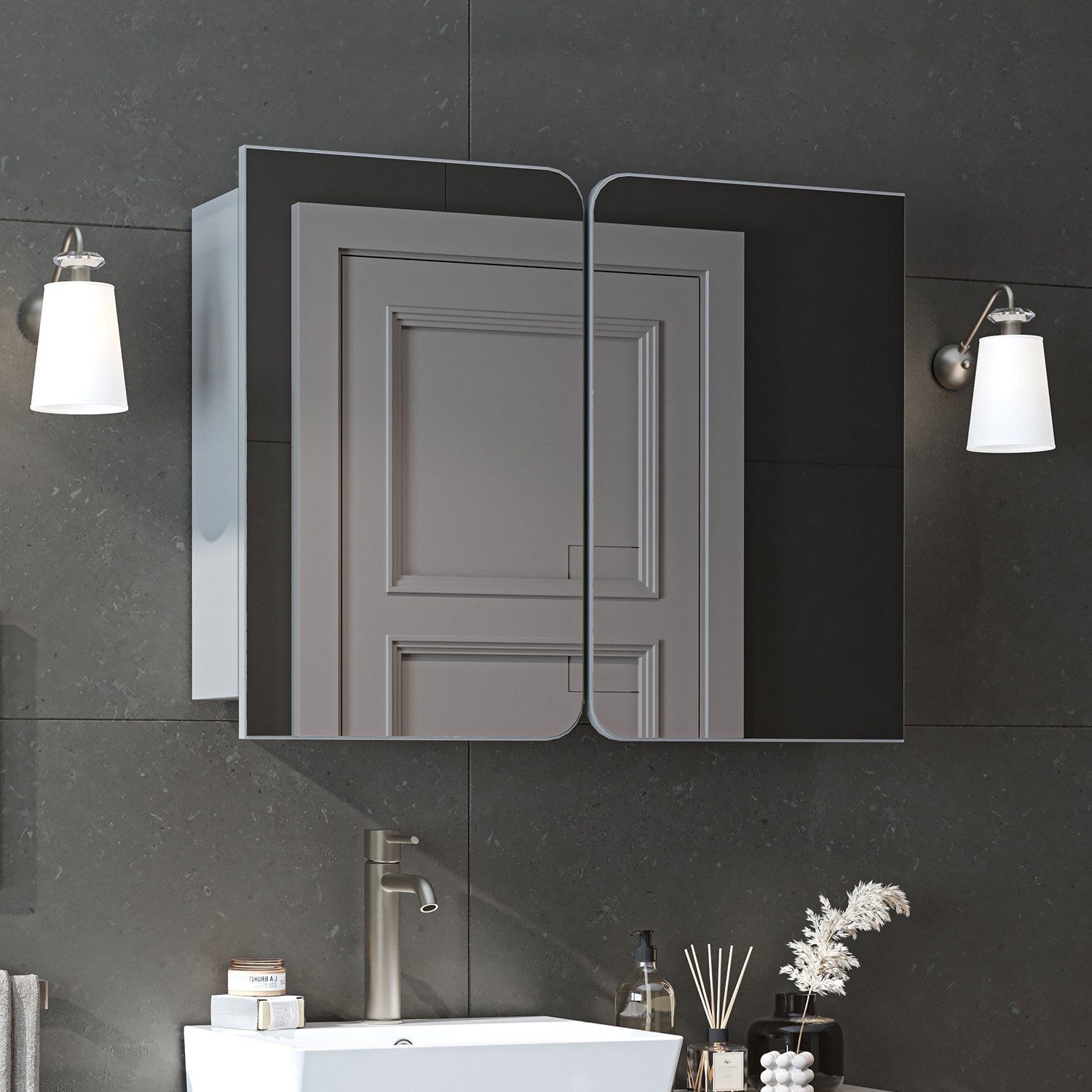 Roomart Badmöbel-Set 2-teilig LYCIA Waschtisch mit Waschbecken und Spiegelschrank hängend, (2-teiliges Set, Set), Wandhängend, mit verstecktem Korbfach, modernes Design