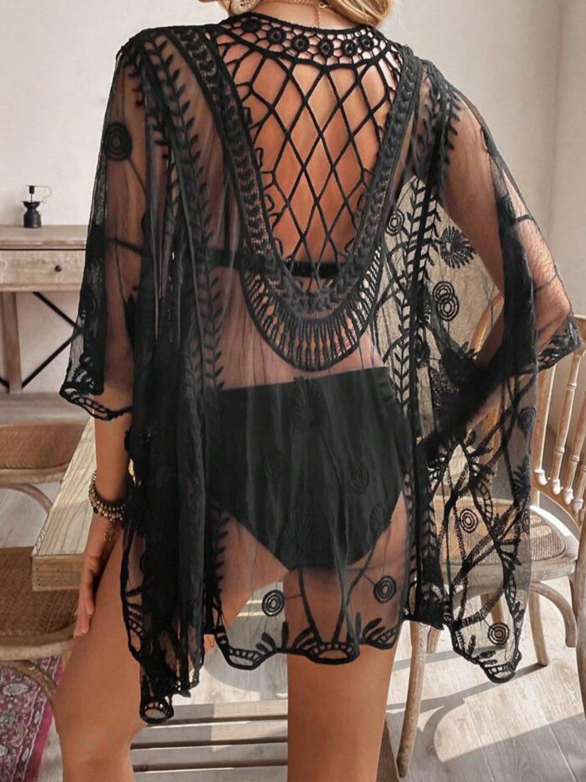 Lovolotti Strandkleid Damen Strandüberwurf Schwarz Sommerkleid Transparenter Spitzen-Kimono mit Blumenstickerei, Beach Cover-Up für Bikini und Badeanzug