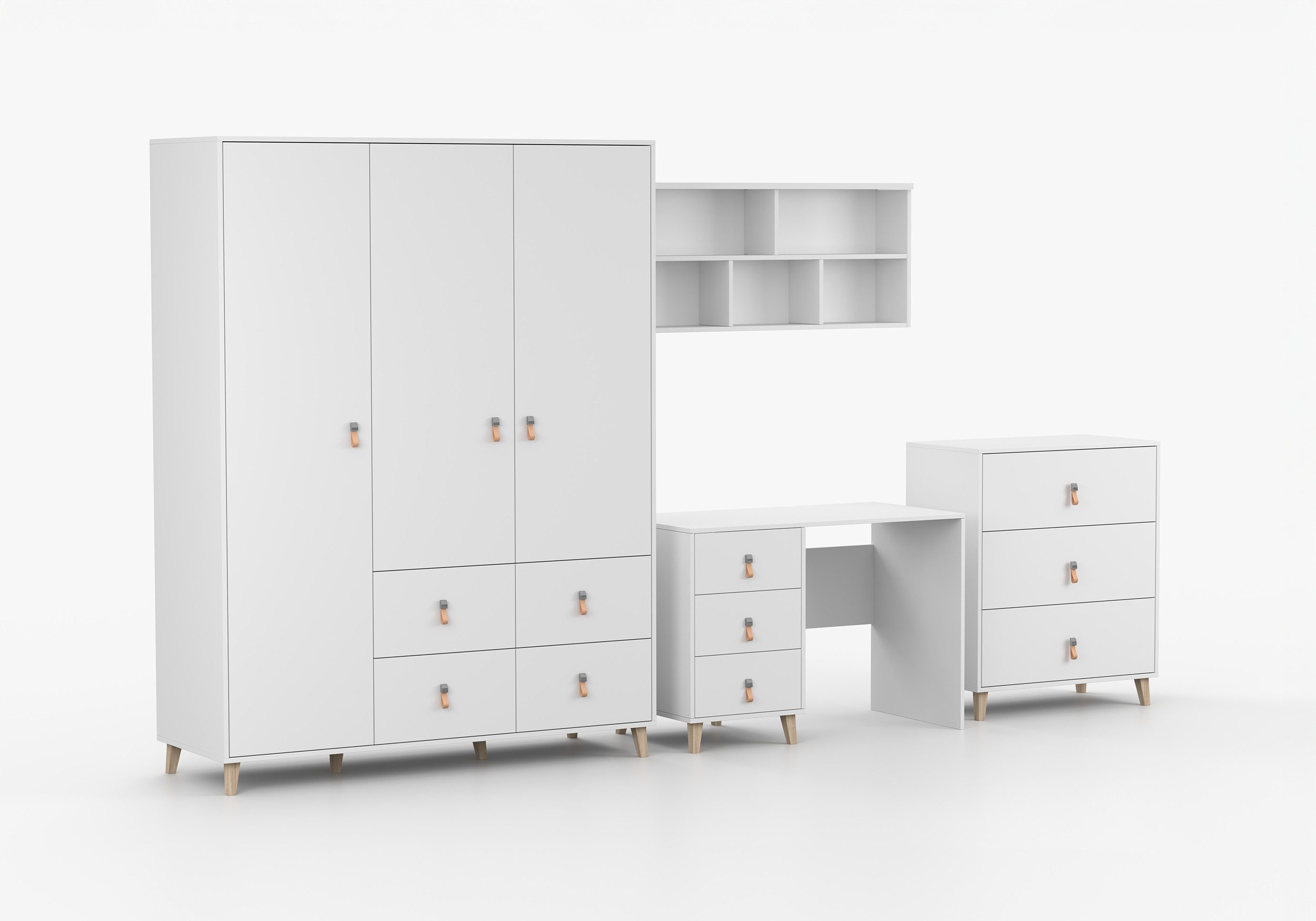 möbel-direkt.de Jugendzimmer-Set Svala in Weiß mit Lederschlaufen als Griffe, (Komplett Set, 4-tlg., verschiedene Zusammenstellungen wählbar), Lederschlaufen als Griffe, massive Füße