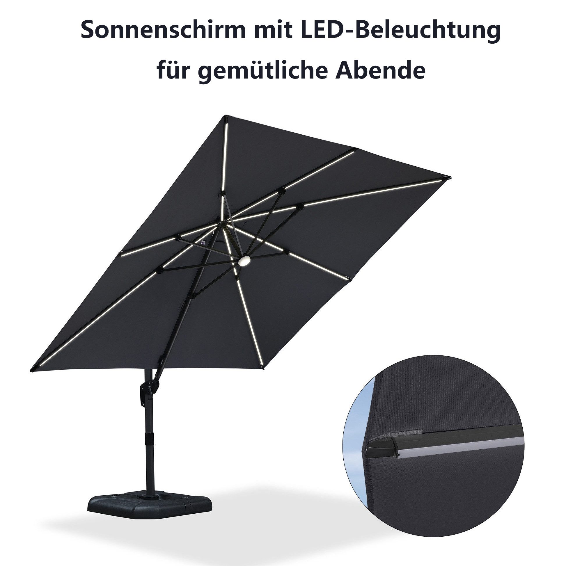 PURPLE LEAF Sonnenschirm Quadratischer Alu Groß Ampelschirm mit LED Licht, LxB: 300,00x300,00 cm, 360°Rotation, Sonnenschutz UV50+, für Garten, Pool, Patio