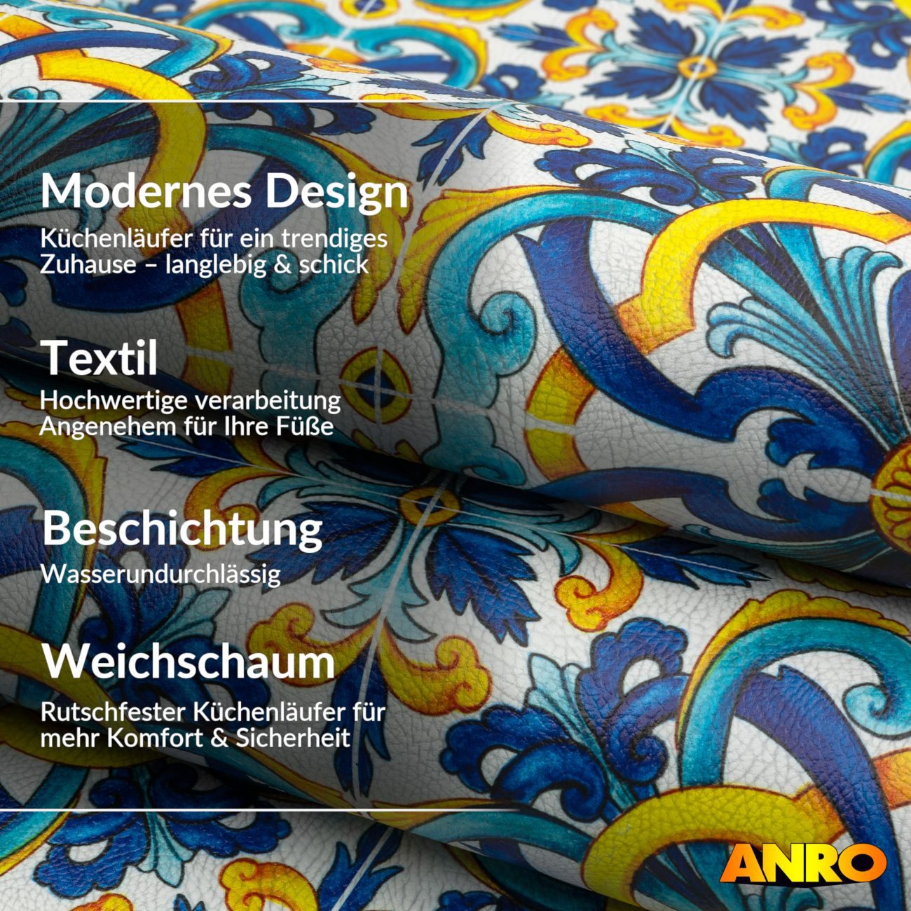 ANRO Küchenläufer abwaschbar Fliese LADY Läufer hochwertig Küchenteppich, Rechteckig, Höhe: 3 mm, robust schmutzabweisend 67x100cm Oriental Bunt robust