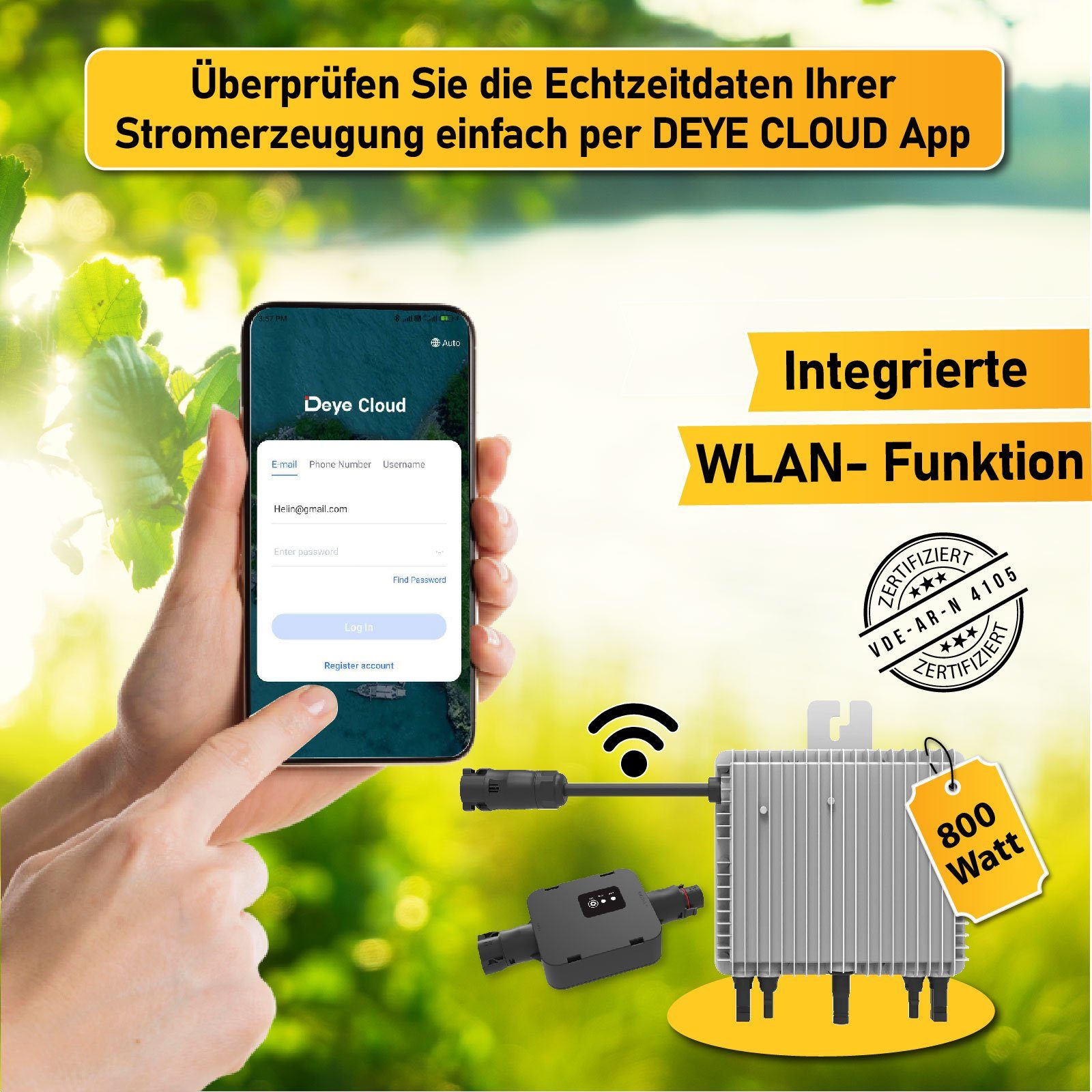 Deye Black Komplettset Solaranlage 800W 400W Campergold steckerfertig Haus, & Frame Plug Relais), Monokristallin, 800W mit Play (Neu WIFI Wechselrichter Generation Balkonkraftwerk mit Solarmodule, Ihr Balkon-Solaranlage für