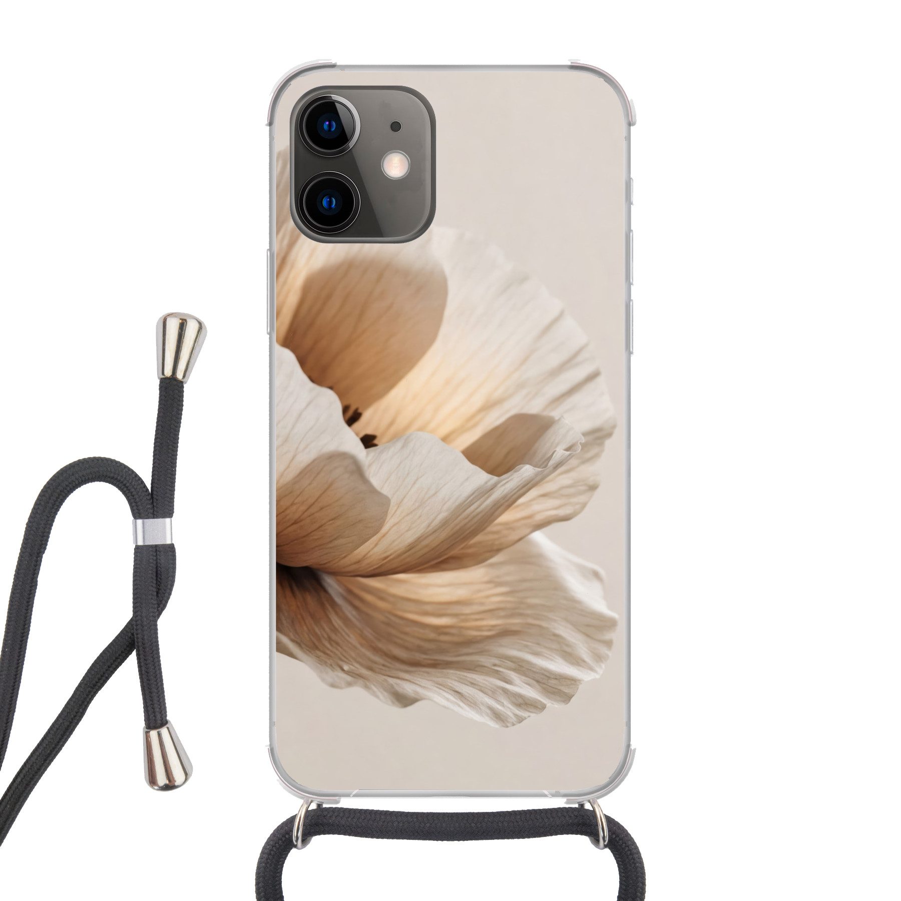 MuchoWow Handyhülle für Apple iPhone 12 Blume - Beige - Creme, Tragbare Handyhüllen mit Kette zum umhängen, Handykette Handyband
