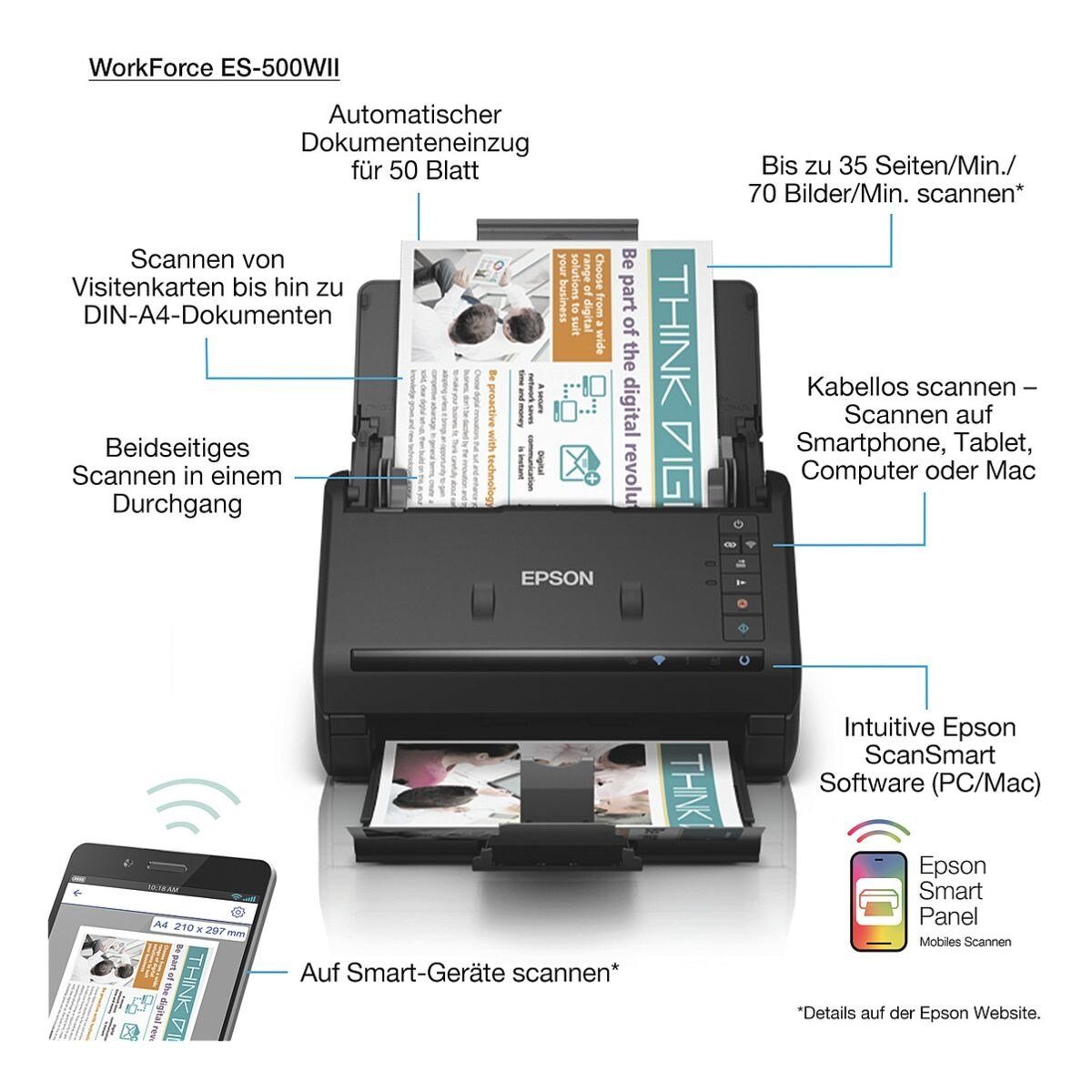 Epson WorkForce ES-500W II Scanner, (35 Seiten/Min. / 70 Bilder/Min., WLAN)