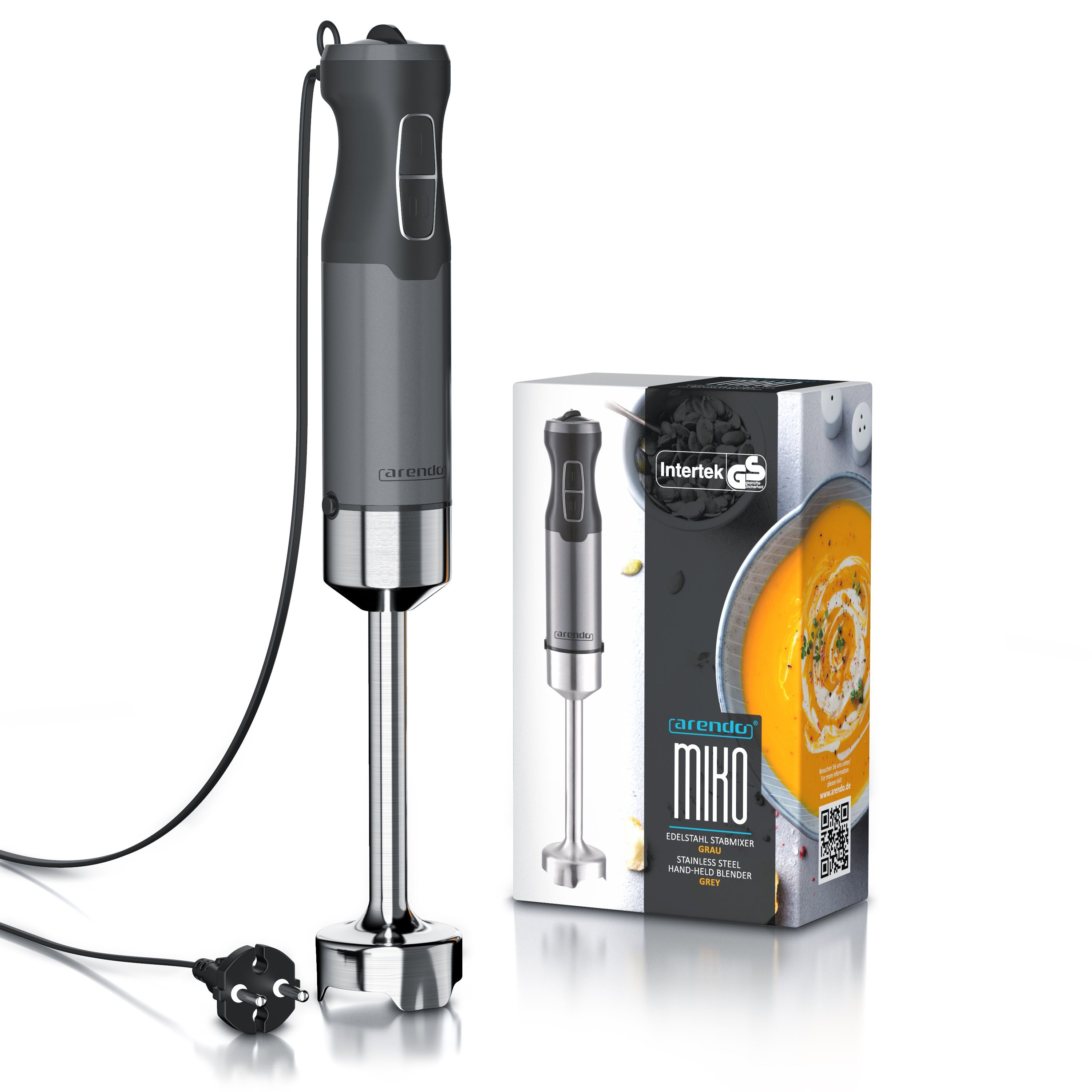 Arendo Stabmixer Edelstahl Pürierstab, Handmixer, stufenlose Regelung, Cool Grey, 1000 W, Turbotaste, Abnehmbarer Mixfuß, GS-Zertifiziert