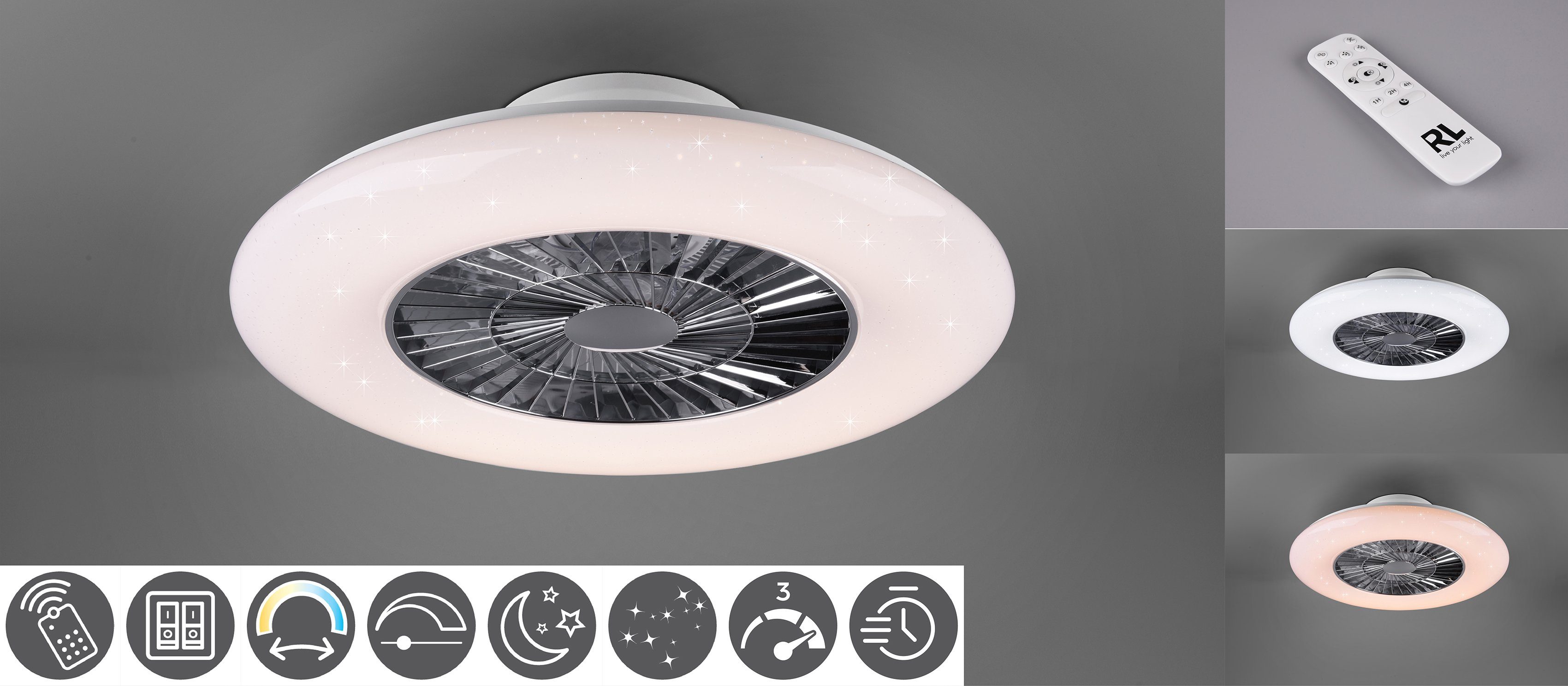 Ventilator, schaltbar Ventilator LED Neutralweiß, Fernbedienung., Leuchte/ Timerfunktion, fest LED getrennt Ventilatorfunktion, Deckenleuchte Visby, Leuchten integriert, mit TRIO