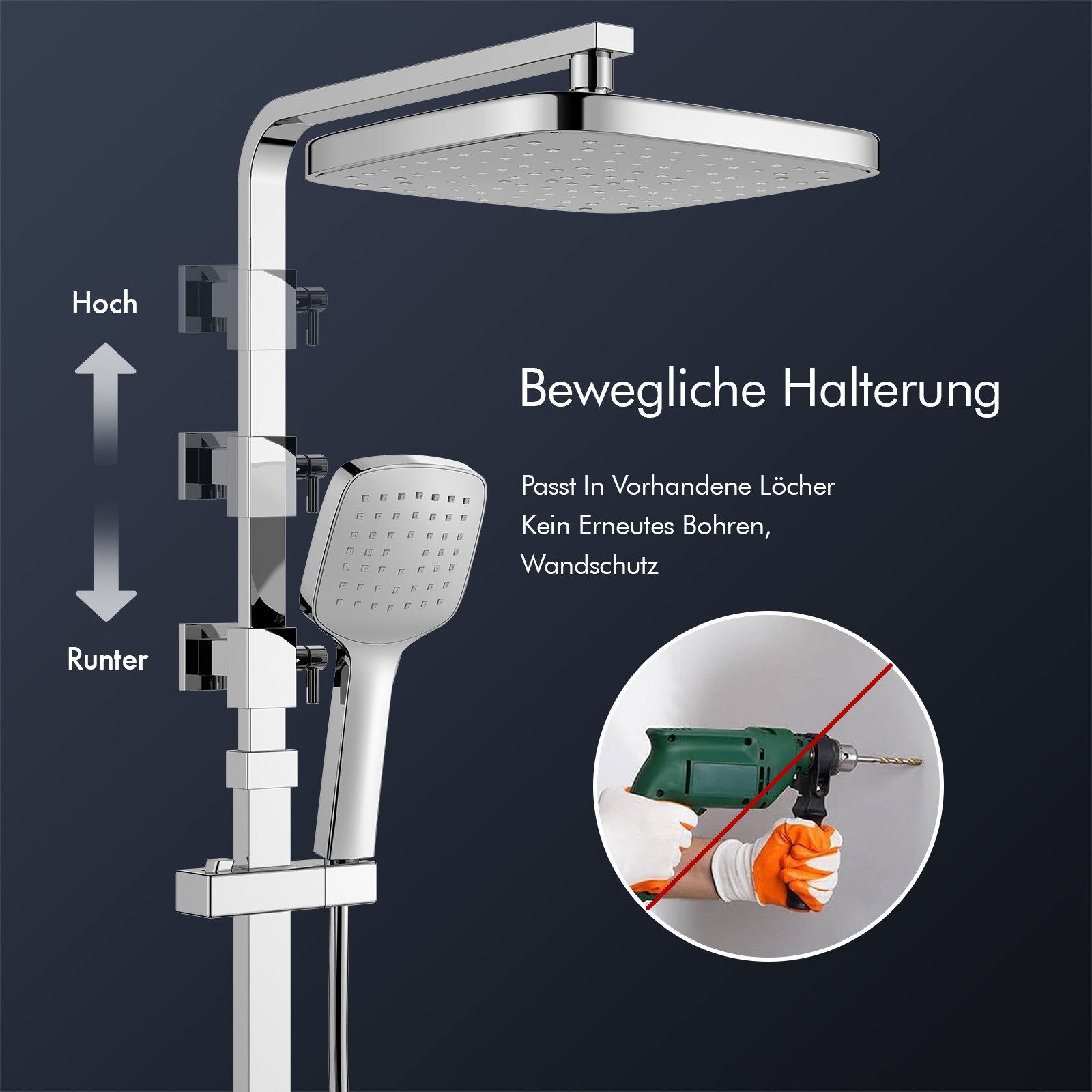 HOMELODY Duschsystem mit Thermostat & Duschablage- Duscharmatur Komplettset, 2 Strahlart(en), Hand- & Kopfbrause, höhenverstellbar, 38 °C Sicherheitssperre – Bild 5 von 5