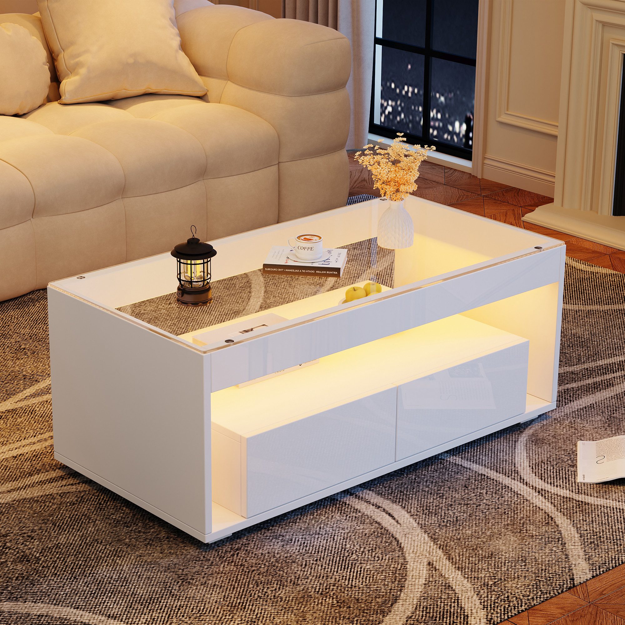 MODFU Couchtisch LED-Wohnzimmertisch Moderner Kaffeetisch (Sofatisch Beistelltisch moderner Design-Tisch, 1-St., 2 großen Schubladen), 100 × 50 × 40 cm, doppelschichtiges Design