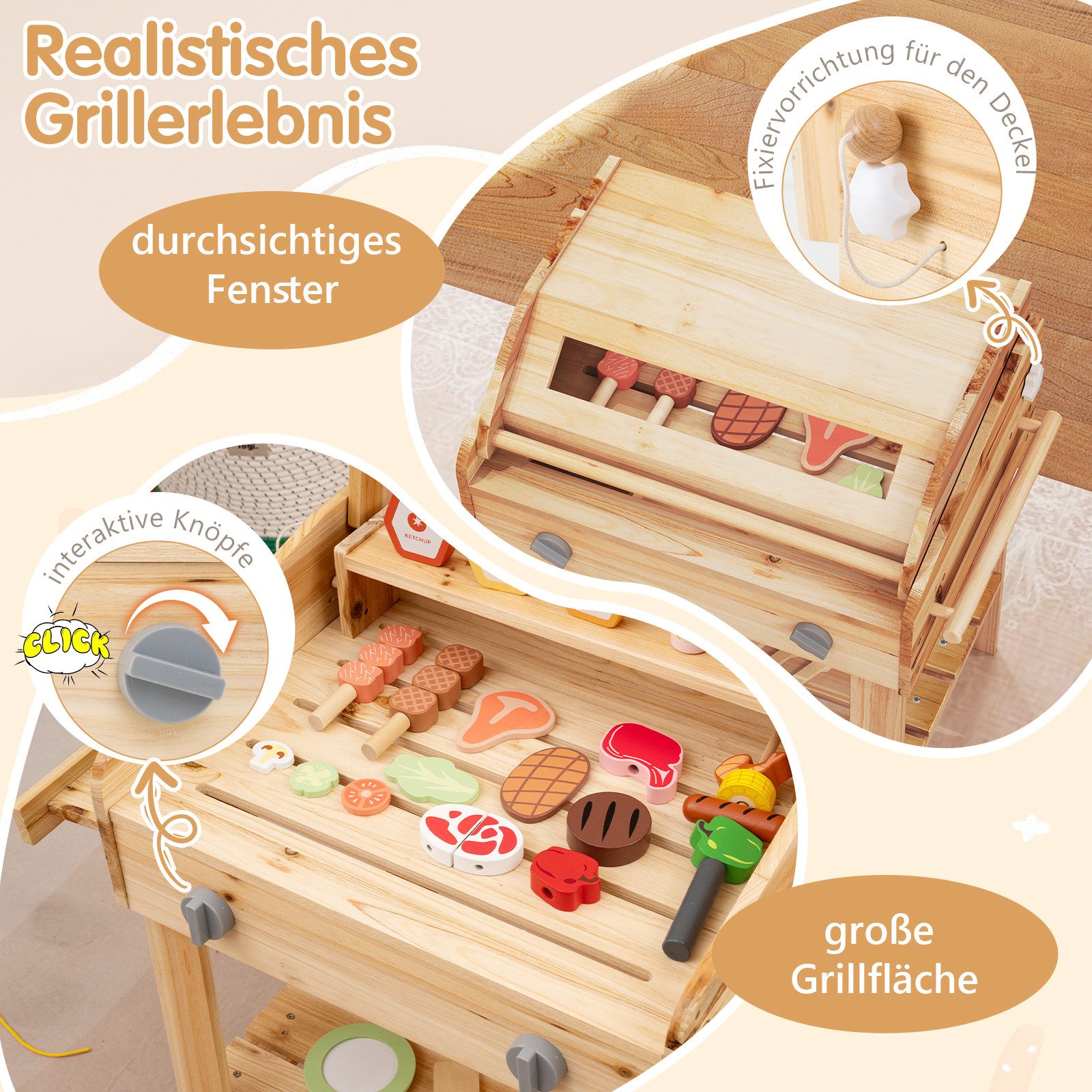 KOMFOTTEU Kinder-Grill, Spielset mit Spielzeugessen, für Kinder ab 3 Jahren