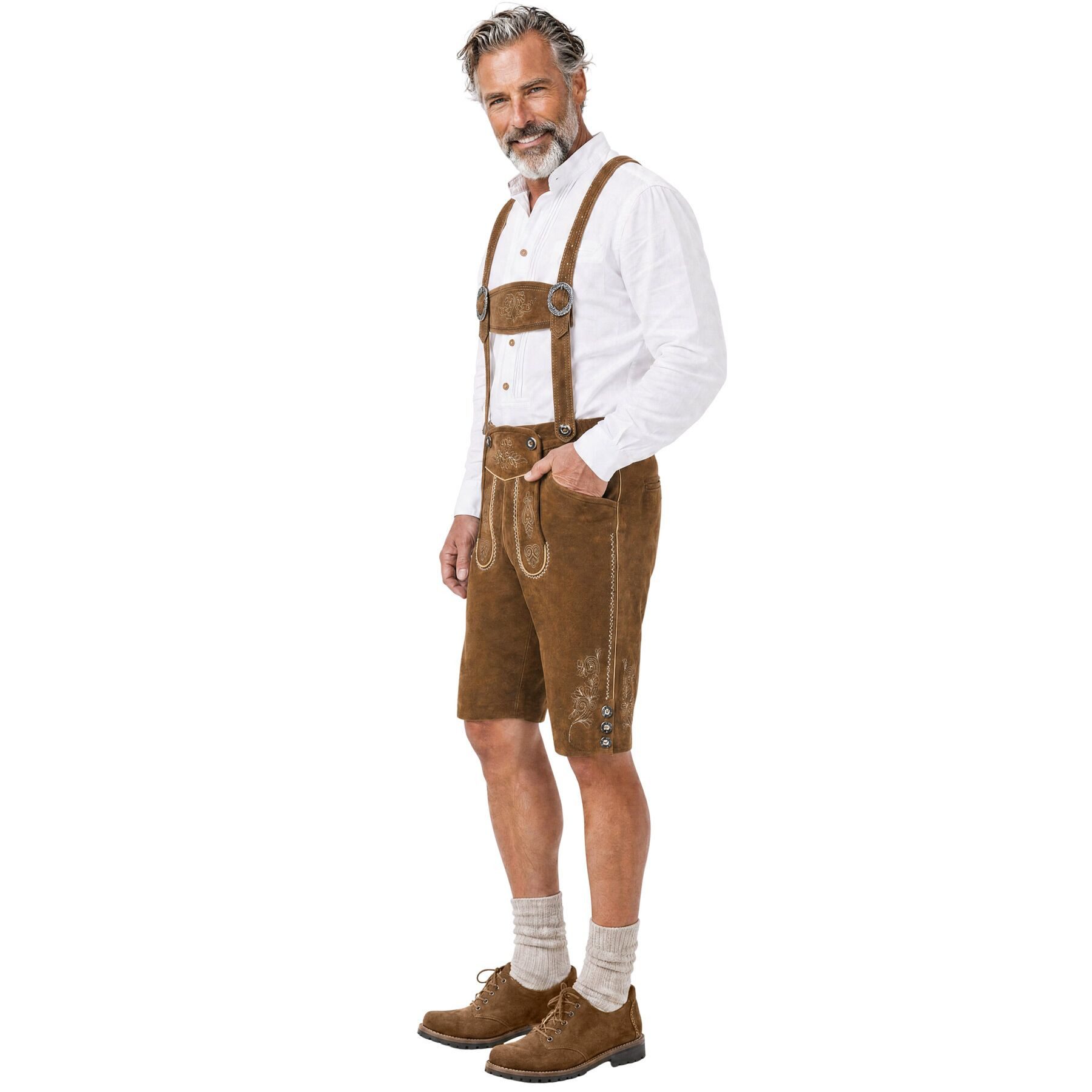 dressforfun Trachtenhose Klassische kurze Lederhose mit gesticktem Latz, robust (Herrenhose Jakob, für Volksfeste in Olivebraun) Inkl. Gürtel, Hosenträgern, Tra – Bild 4 von 5