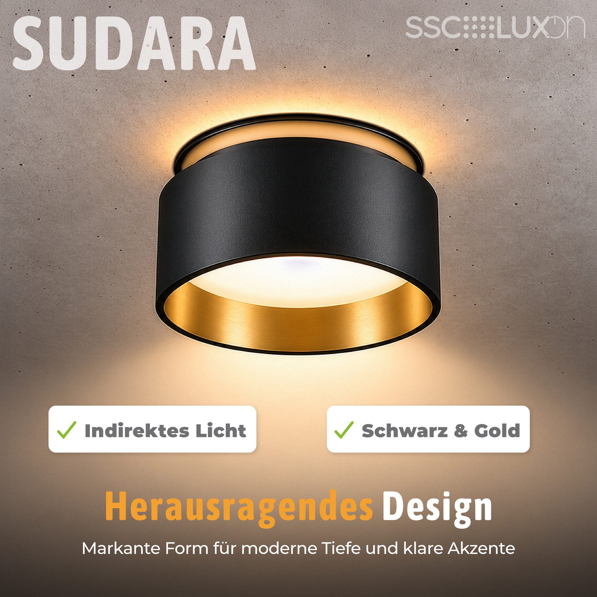 SSC-LUXon LED Aufbaustrahler Design LED Einbauspot Sudara schwarz gold indirektes Licht mit LED, Neutralweiß, Warmweiß, Tageslichtweiß – Bild 2 von 5