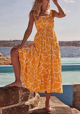 Orient Phoenix Jerseykleid Damen-Midi-Tankkleid mit plissierten Trägern quadratischem Ausschnitt Damen-Maxi-Strand-Tanktop-Kleid mit böhmischem Blumendruck