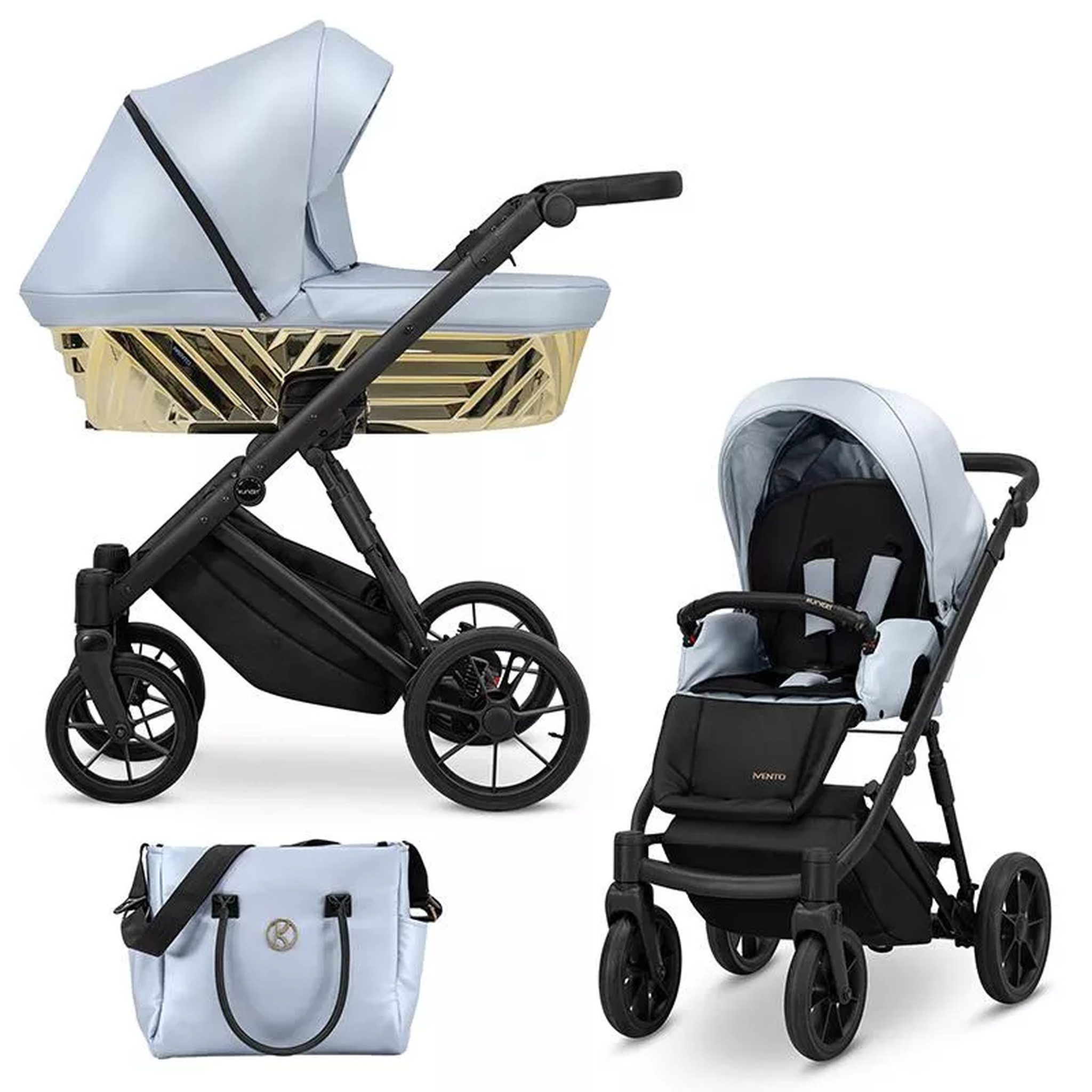 KUNERT Kombi-Kinderwagen Ivento Glam 3in1 Öko-Leder Kinderwagen mit schwarzem Rahmen, 2in1-Set mit Babywanne und Sportsitz