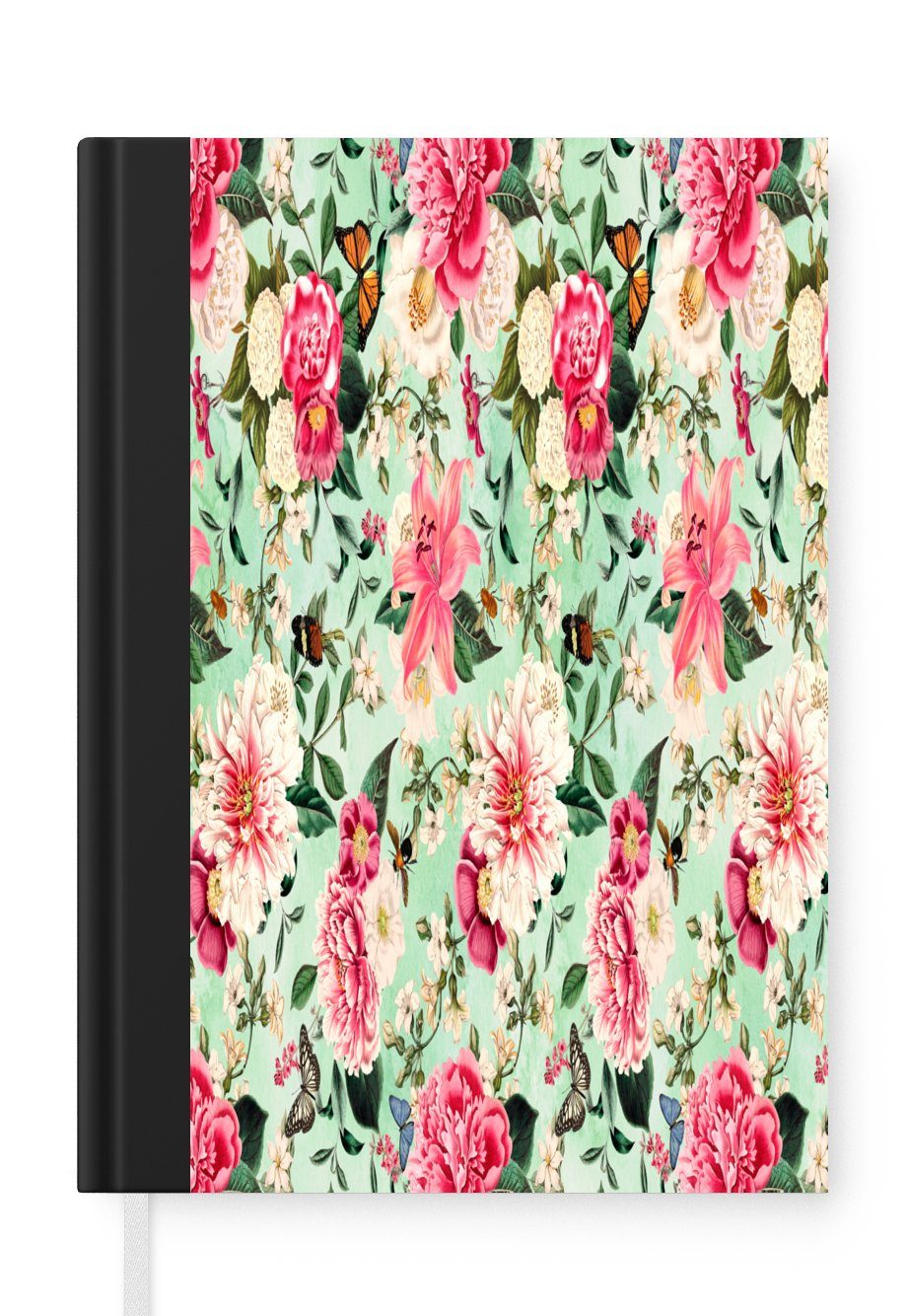 MuchoWow Notizbuch Blumen - Lilie - Rosa - Schmetterling, Journal, Merkzettel, Tagebuch, Notizheft, A5, 98 Seiten, Haushaltsbuch
