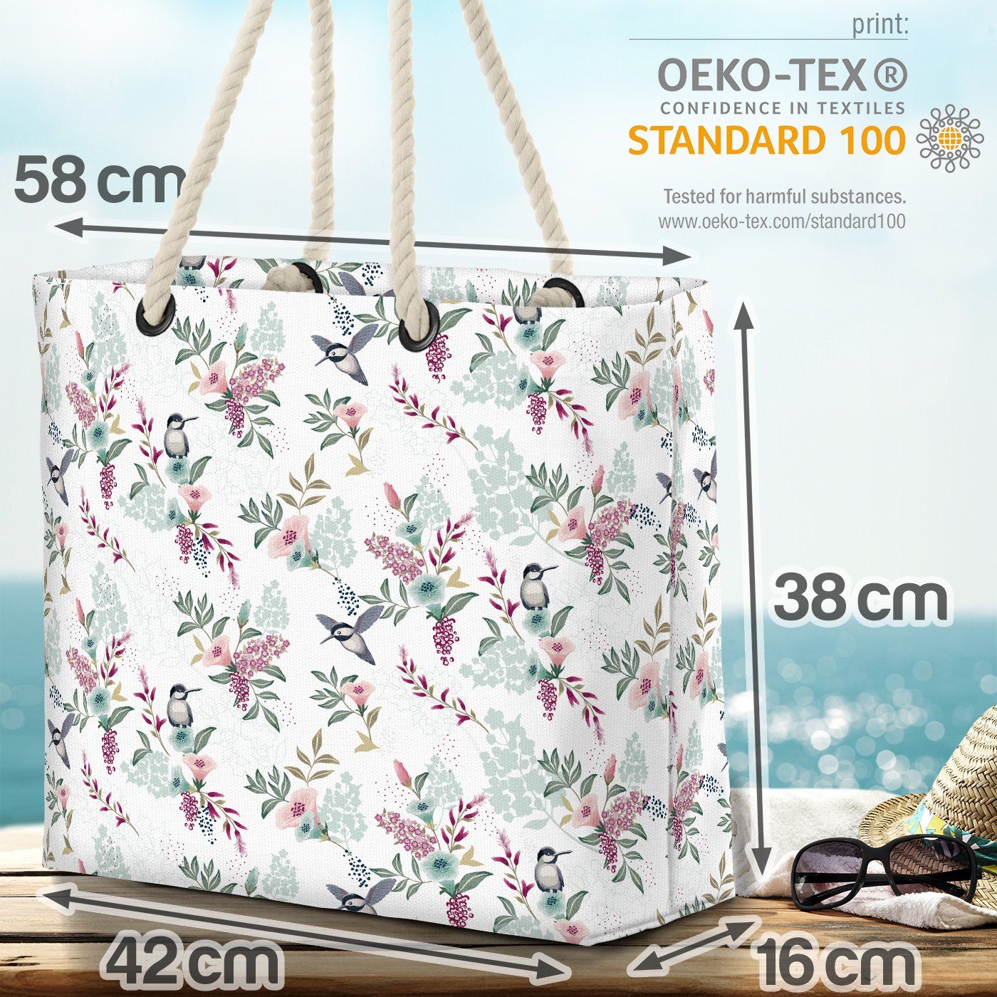 VOID Strandtasche (1-tlg), Sommer Frühling Bag Kolibri formal romantisch Blume pflanze Blumen vogel Beach