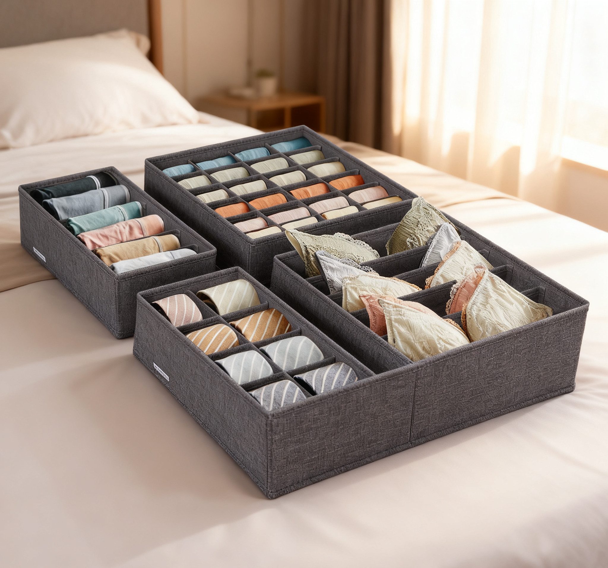 SONGMICS Aufbewahrungsbox Schubladen-Organizer (4 St), Unterwäsche-Organizer 4er Set, faltbar, Ordnungssystem, Stoffboxen