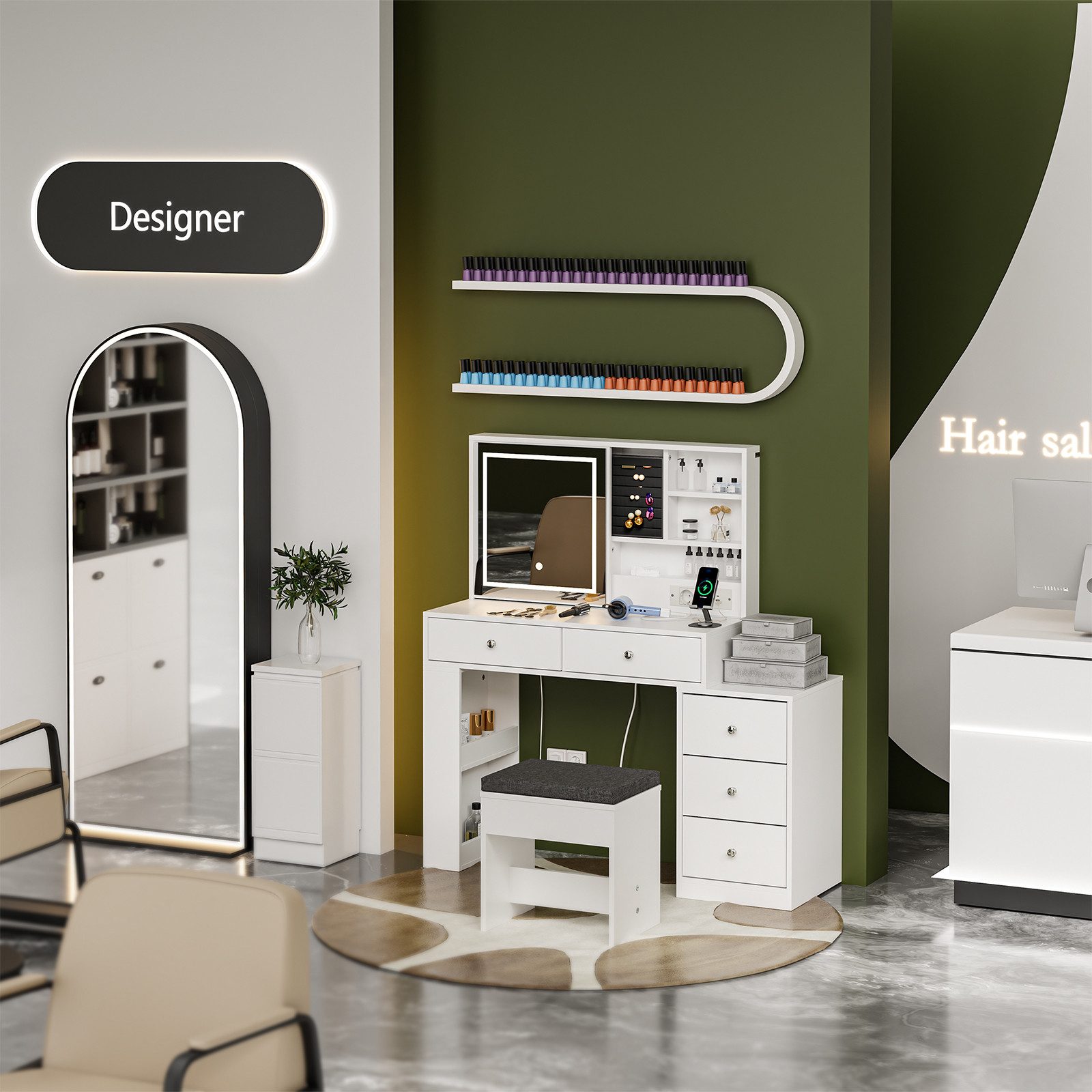 SoBuy Schminktisch FWT114-E, Kosmetiktisch mit LED-Beleuchtung, Ladestation und Hocker (1 Tisch mit 1 Hocker), Schminktisch mit Schiebespiegel, 3 einstellbaren Lichtfarben