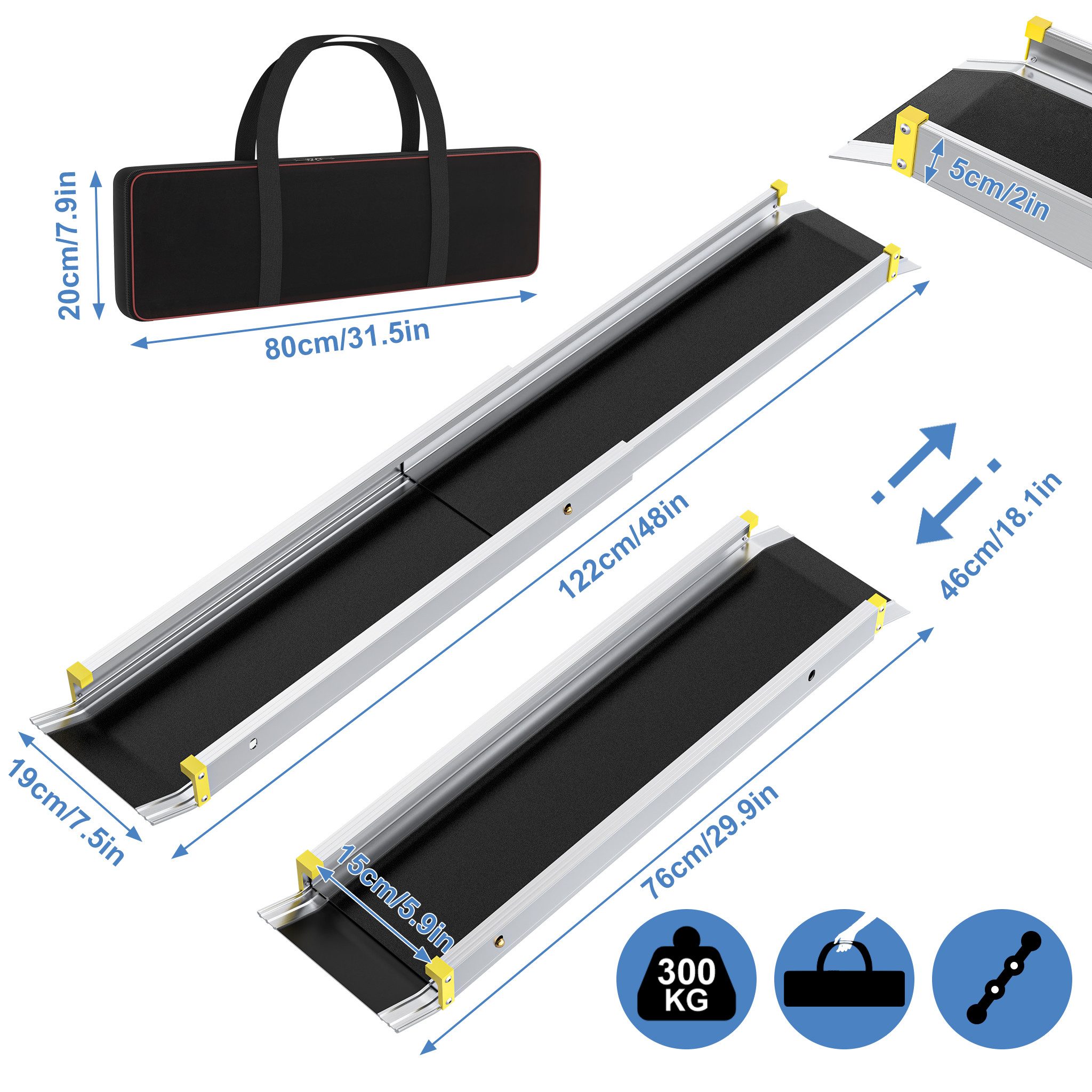 FIVMEN Auffahrrampe Rollstuhlrampe Teleskoprampen Teleskopschiene Türschwelle Aluminium, Schwellenrampe Rollstuhl Rampe Türschwellenrampe Tragfähigkeit 300 kg