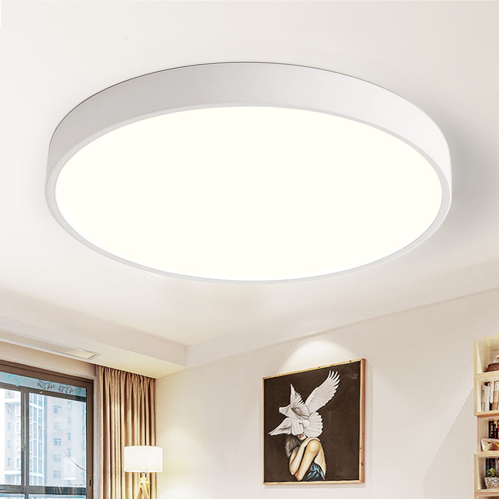 style home LED Deckenleuchte Flach Rund Deckenlampe aus Metall, Warmweiß 3000K, 24W/36W/48W, LED fest integriert, nicht dimmbar, Warmweiß 3000K, Weiß 40*40*4cm für Schlafzimmer Wohnzimmer Küche Büro Flur Diele