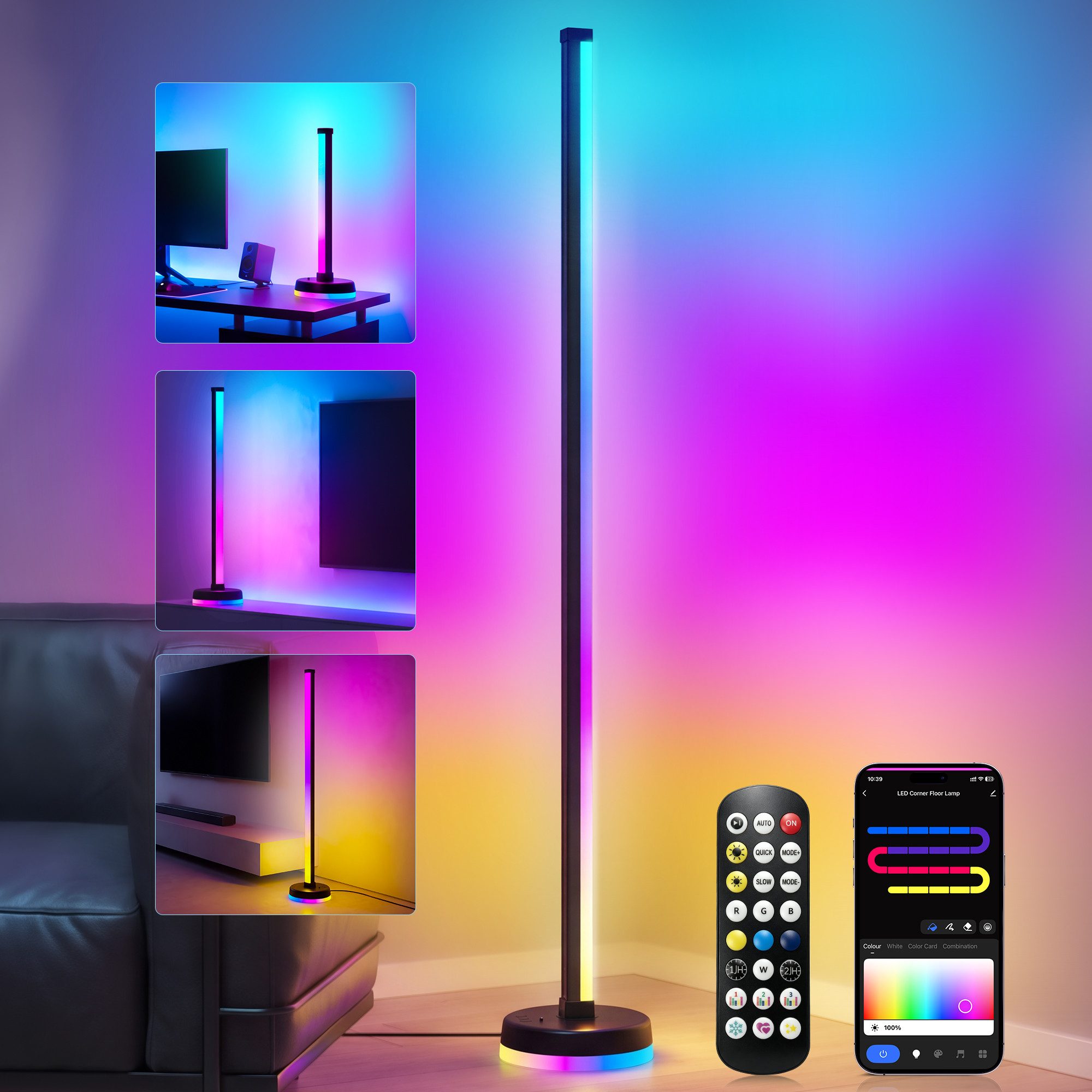 Mai & Mai LED Stehlampe LED Stehleuchte dimmbar mit 3 Steuerungsarten Schwarz Lineora-01, fest verbaute LEDs, RGB + Warmweiß, 16 Mio. Farben,Musik-Sync,Timer,Sprachsteuerung