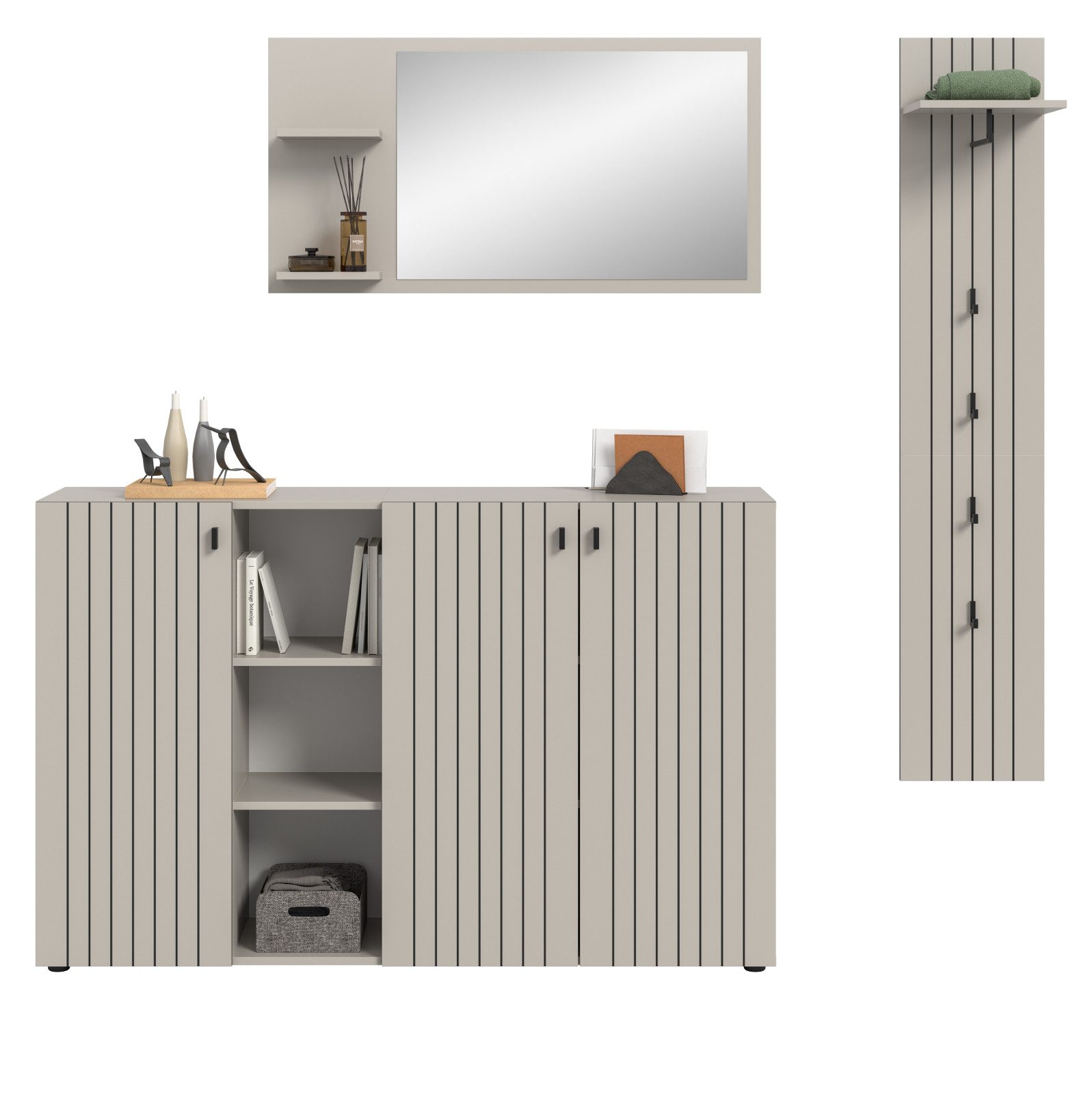 Inn.Furn Garderoben-Set Loreno, (Flurgarderobe in Kaschmir / Sand mit Schwarz, Set 3-teilig, 195 x 192 cm), mit großer Schuhkommode – Bild 3 von 5