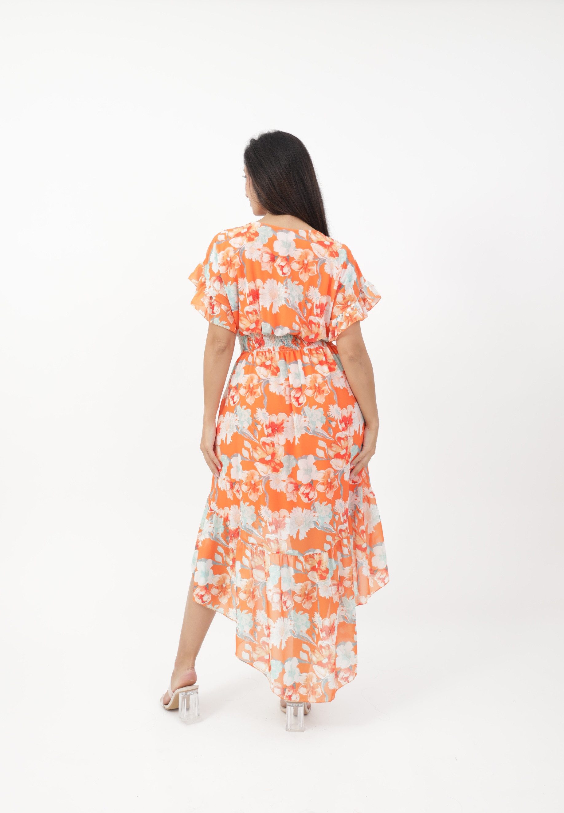Elara Sommerkleid Damen Vokuhila Kleid – Chiffon Sommerkleid mit Floral Blumenmuster mit Muster