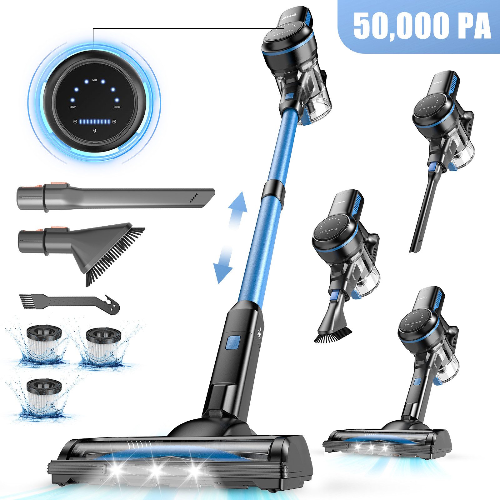 INSE Akku-Hand-und Stielstaubsauger Akku Staubsauger 50000Pa/1.2 L/60 Min, Staubsauger Kabellos, 1,2L Staubbehälter, mit LED Display,3 Saugstufen,Akkusauger, 2500mAh Für Teppich,Tierhaare
