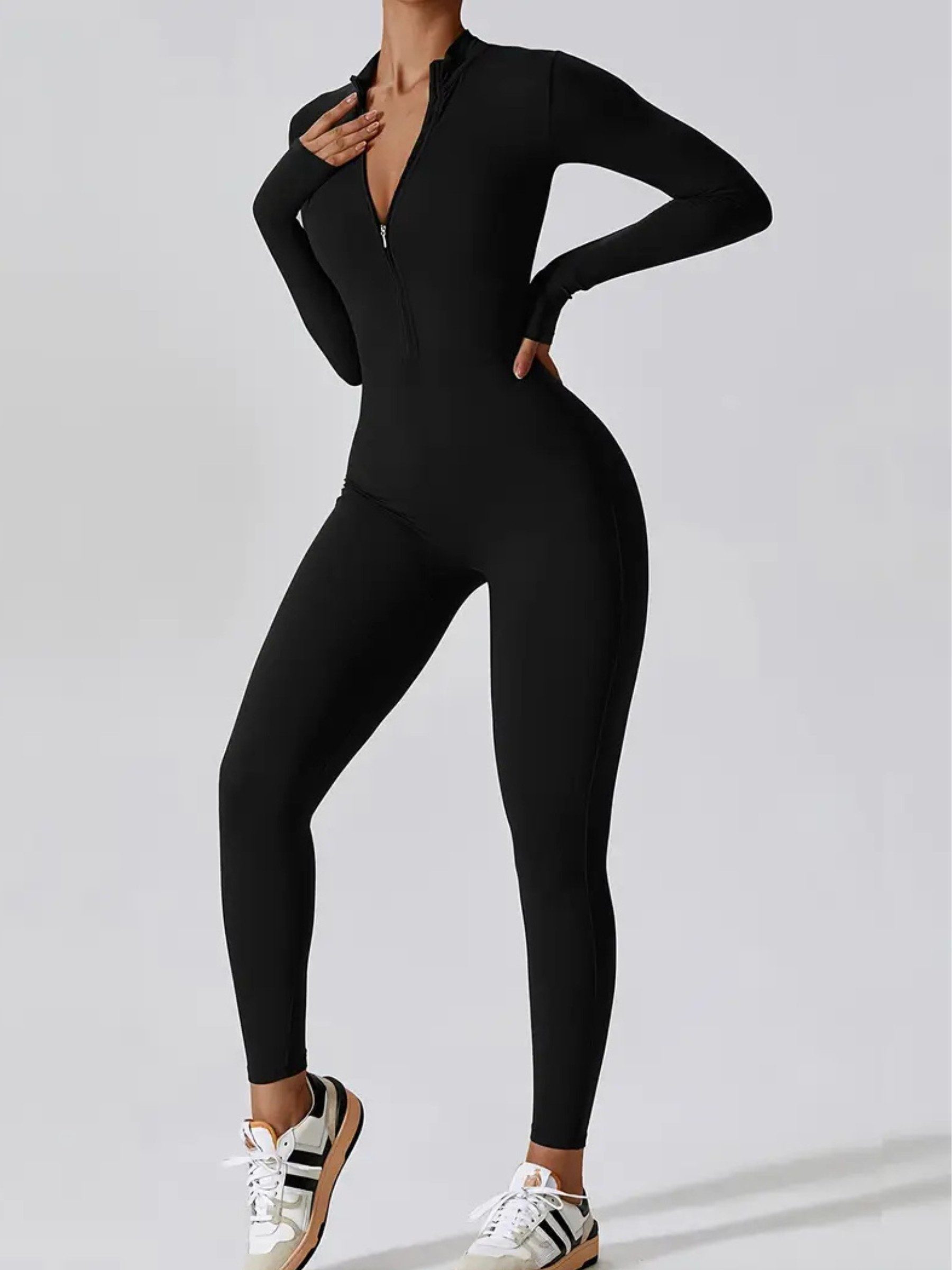 FemmeTone Turnanzug Damen Sport Overall Jumpsuit – Langarm Einteiler mit Reißverschluss, Atmungsaktive Sportbekleidung – perfekt für Yoga, Fitness & Workout
