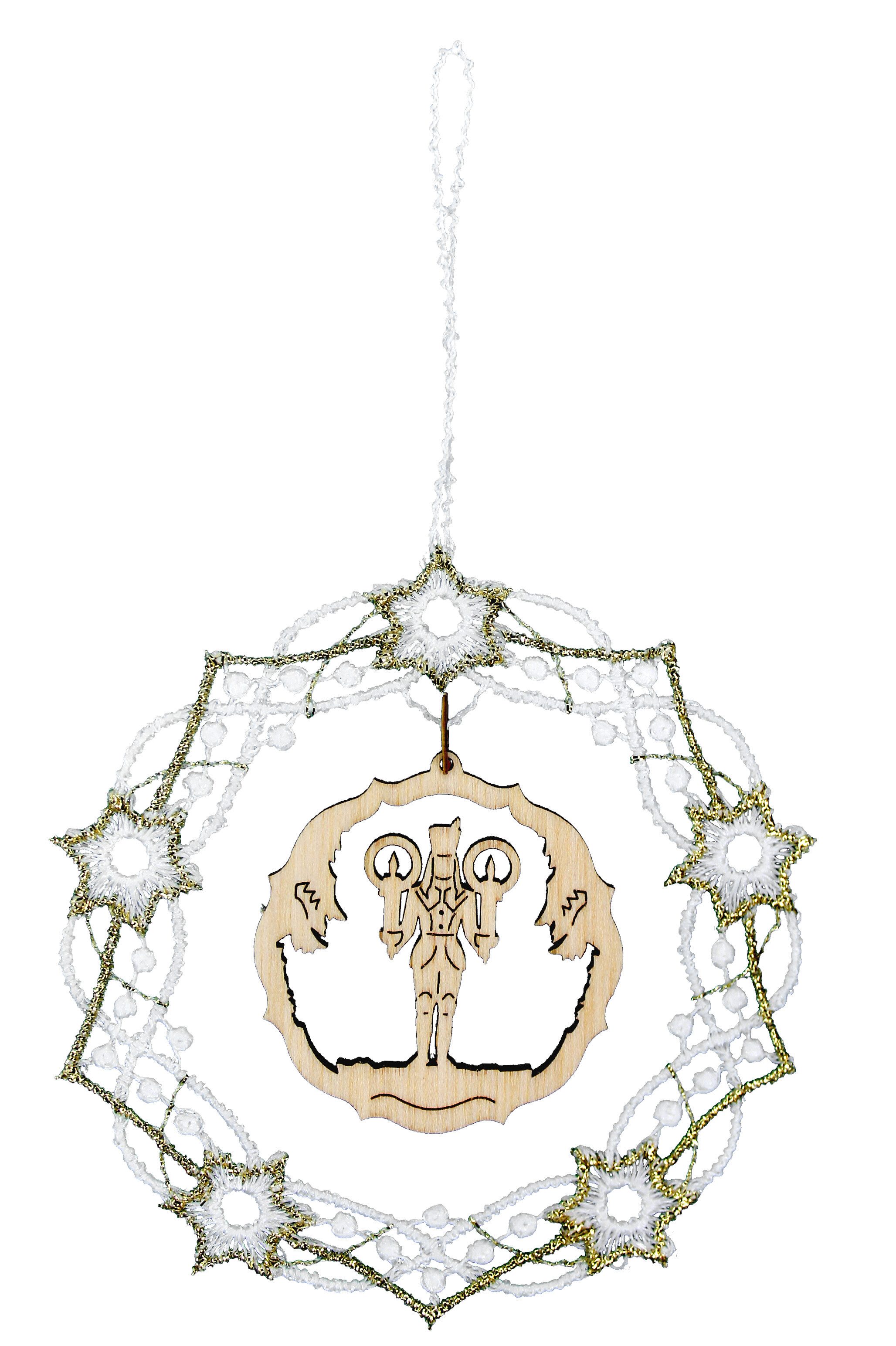 Baumbehang Baumbehang Ornament 9 cm 6 Stück Spitze mit erzgebirgischer Holzkunst