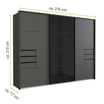 Lomadox Kleiderschrank BRIXEN-43 in graphit, inkl. 6 Schubkästen und Glasfront in schwarz