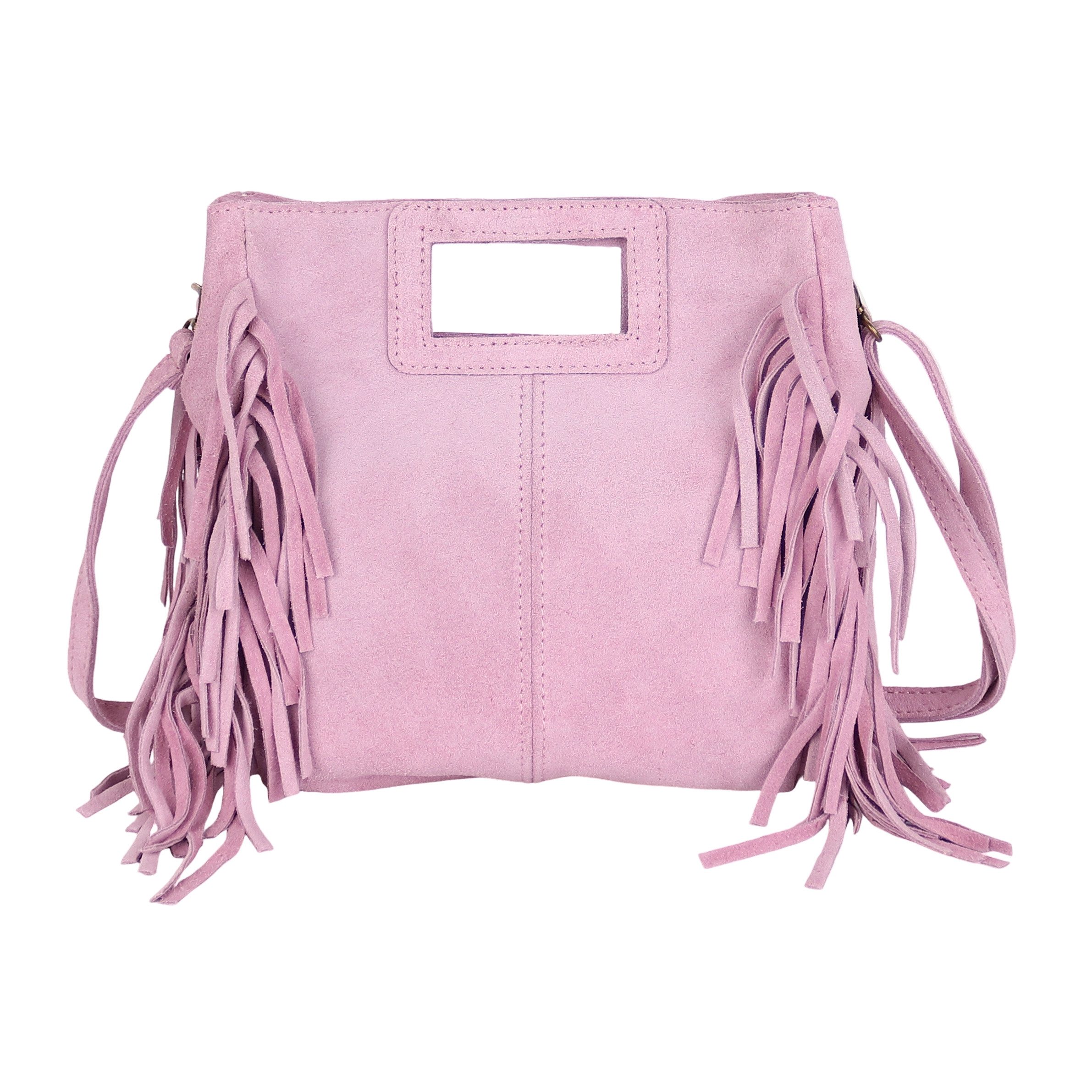 MIRROSI Umhängetasche Damen Crossbody Bag, Echtleder Made In Italy, wunderschöne Fransen (23x24x7cm) aus Wildleder