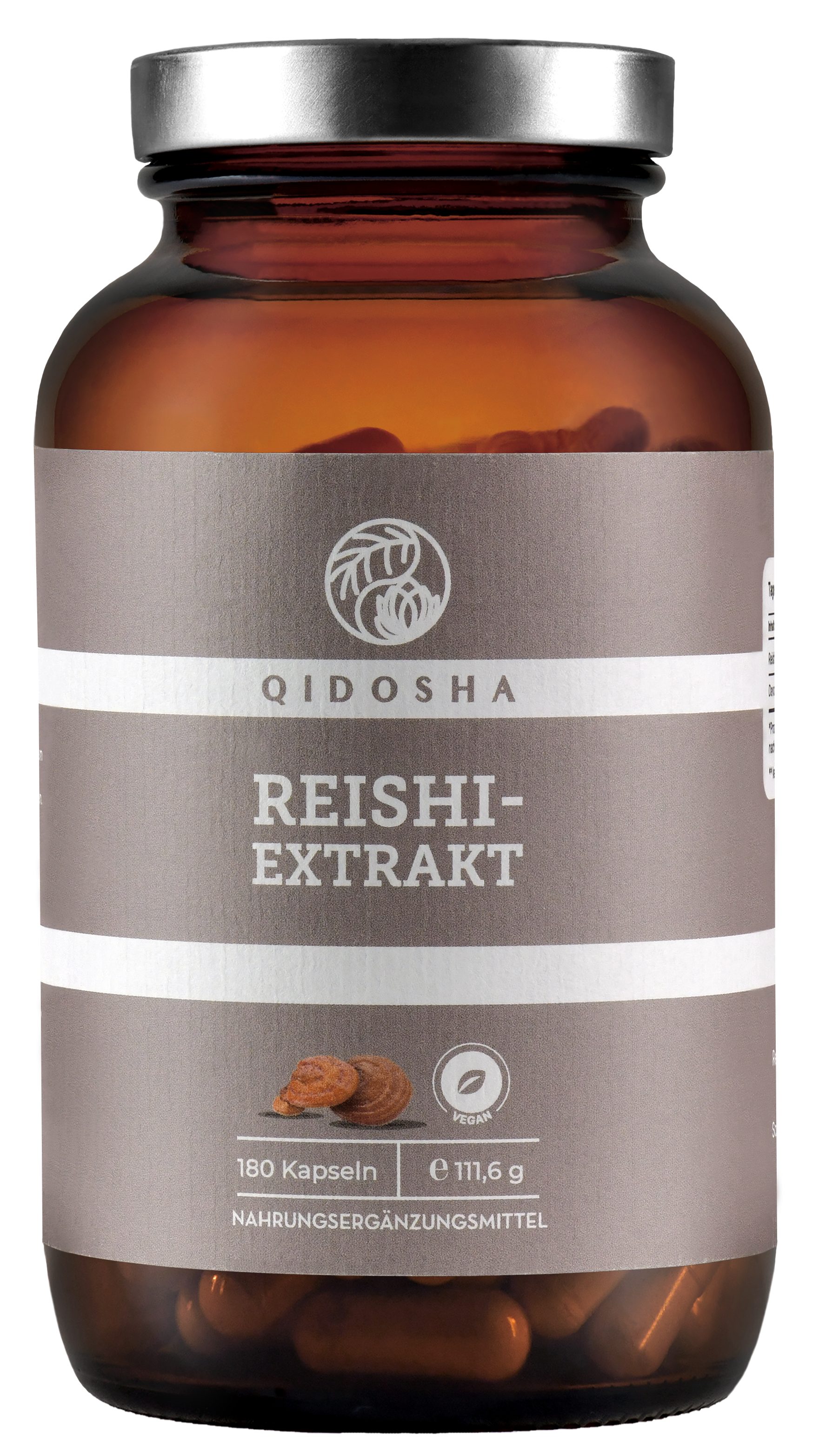 QIDOSHA Reishi-Extrakt Kapseln, 15:1 Premium-Extrakt, hochdosiert mit 500mg pro Kapsel, 180 Stk im Glas, Premium Reishi Pilz Ganoderma lucidum, vegan, laborgeprueft (Glas) à 180 St., 111 g