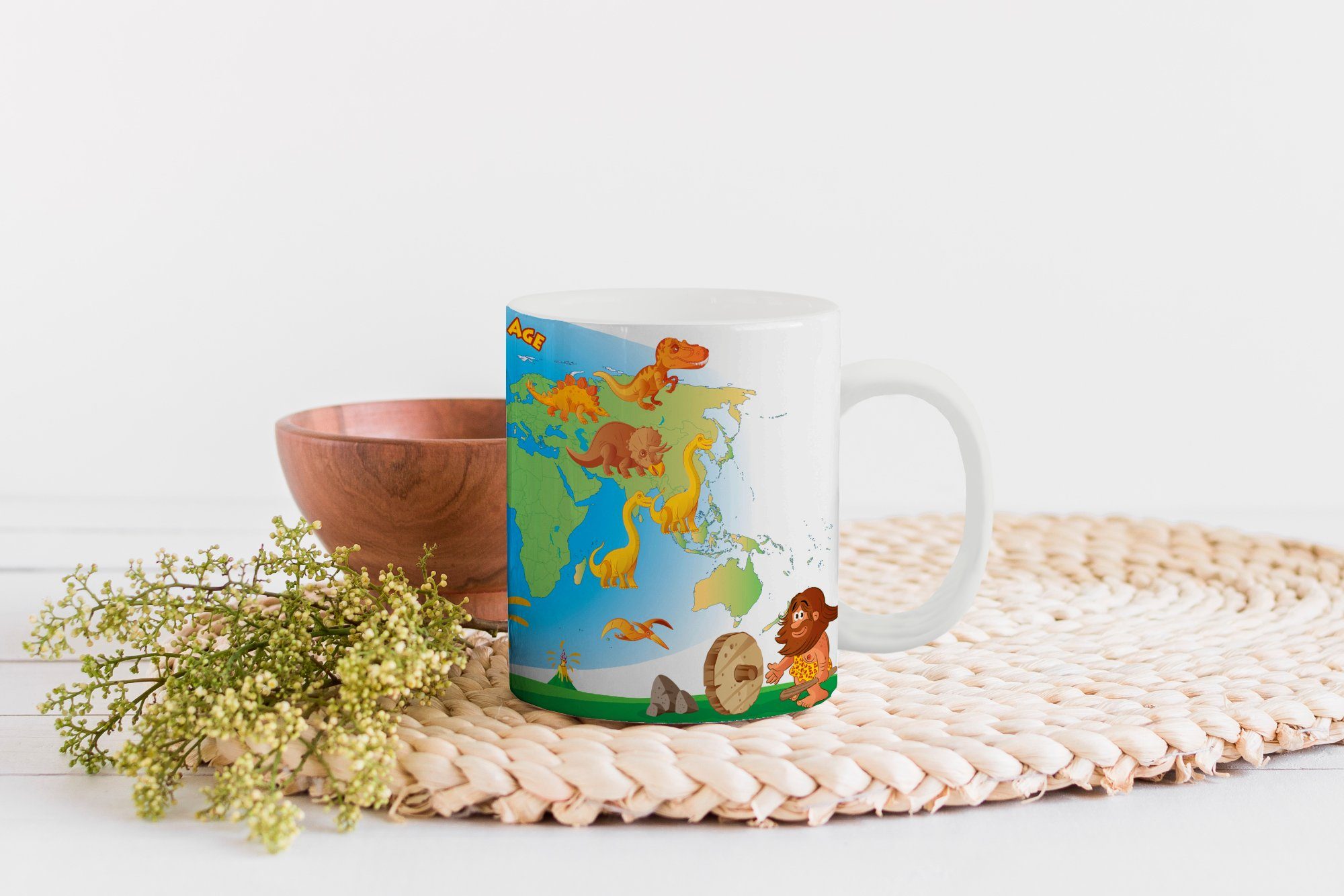 MuchoWow Tasse Weltkarte Kinder - Teetasse, Kaffeetassen, Geschenk Dinosaurier Becher, - Keramik, Vulkan, Teetasse