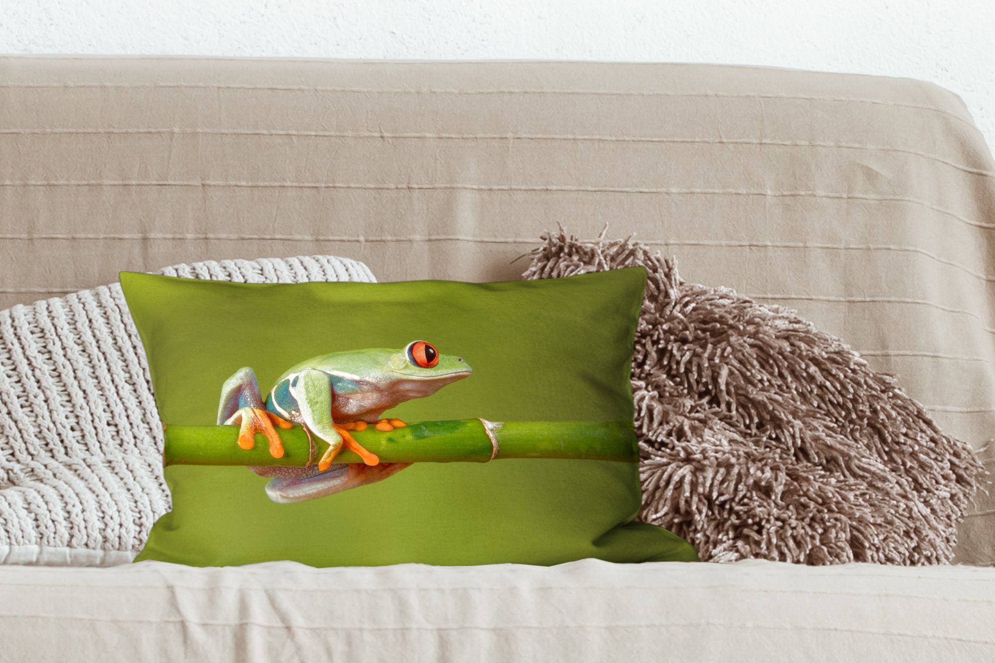 Quecksilberfrosch mit auf MuchoWow Schlafzimmer Rotäugiger Dekokissen Dekoration, Bambus, Füllung, Zierkissen, Dekokissen Wohzimmer