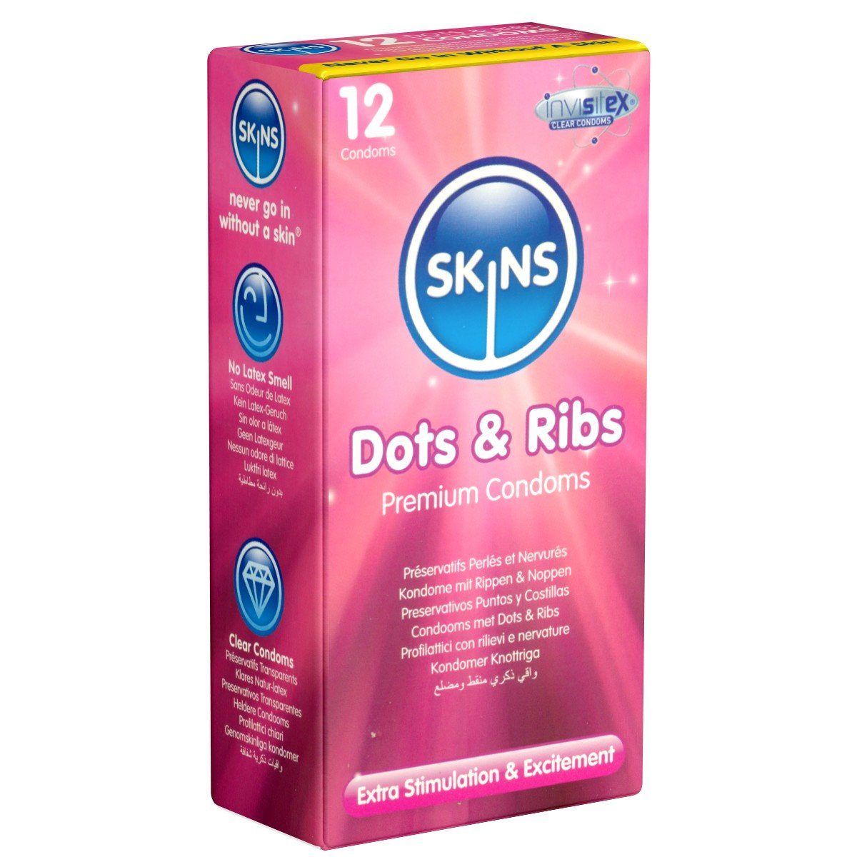 SKINS Condoms Kondome Dots & Ribs, samtweiche Oberfläche, fühlt sich an wie "echt", Packung mit, 12 St., gerippt/genoppte Kondome, durchsichtiges Latex (kristallklar), kein Latexgeruch