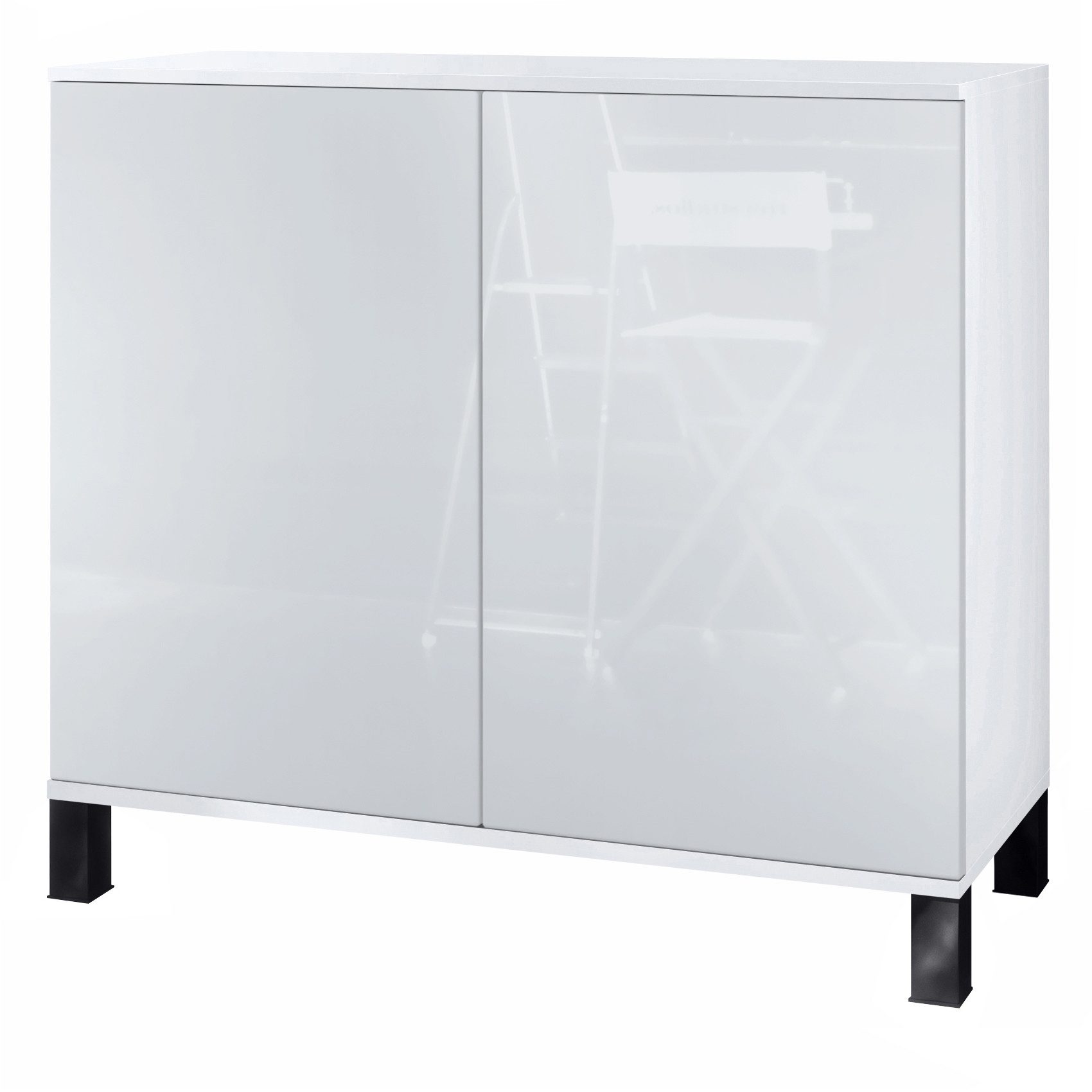 Vladon Kommode Skadu V3 (Moderner Küchenschrank, mit 2 großen Türen), Weiß matt / Weiß Hochglanz (92,5 x 84.5 x 35)