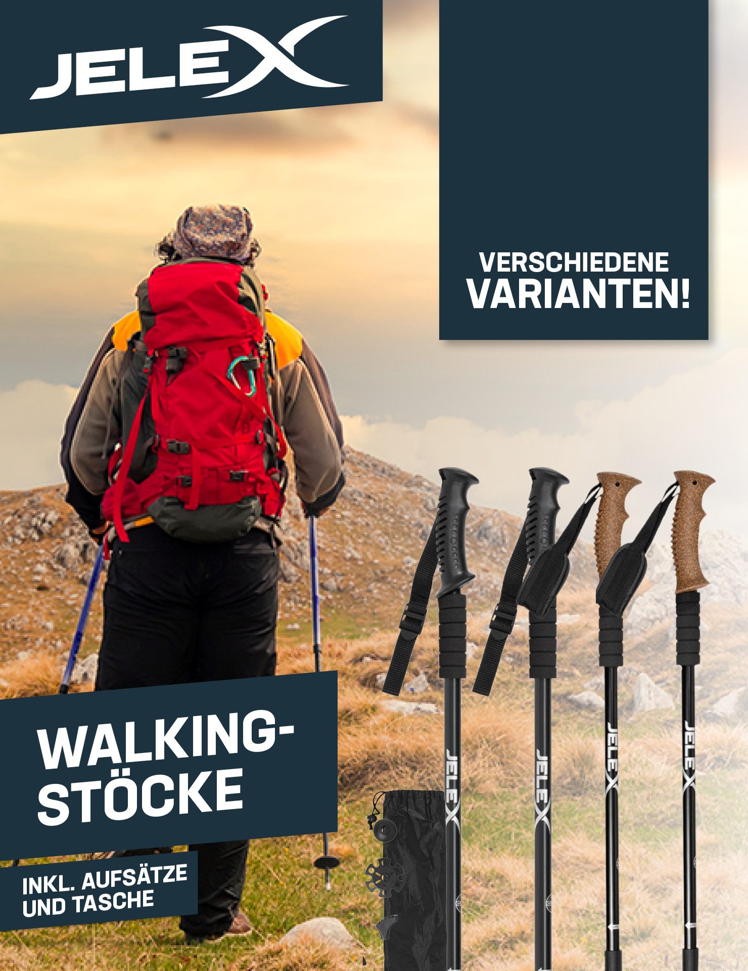 JELEX Nordic-Walking-Stöcke Walking Stöcke mit Korkgriffen, Stufenlos verstellbar, mit Antishock-Technologie