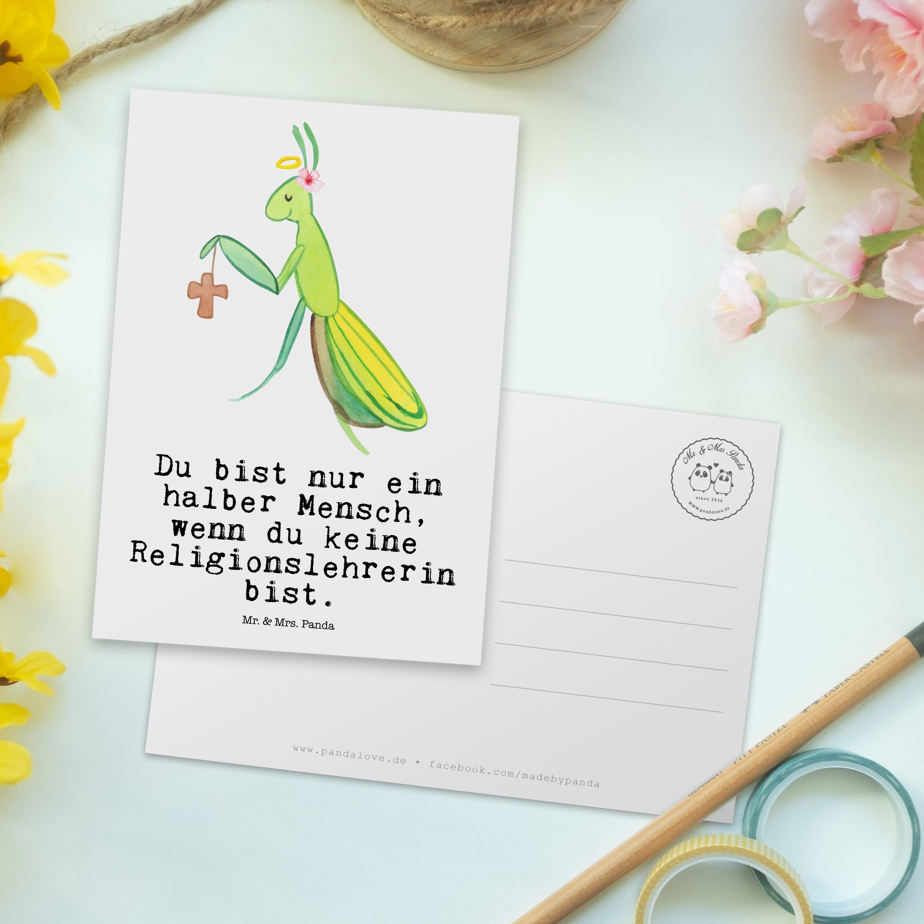 Postkarte Herz - Mrs. Geschenk, Grund Panda - Mr. Weiß & mit Geburtstagskarte, Religionslehrerin