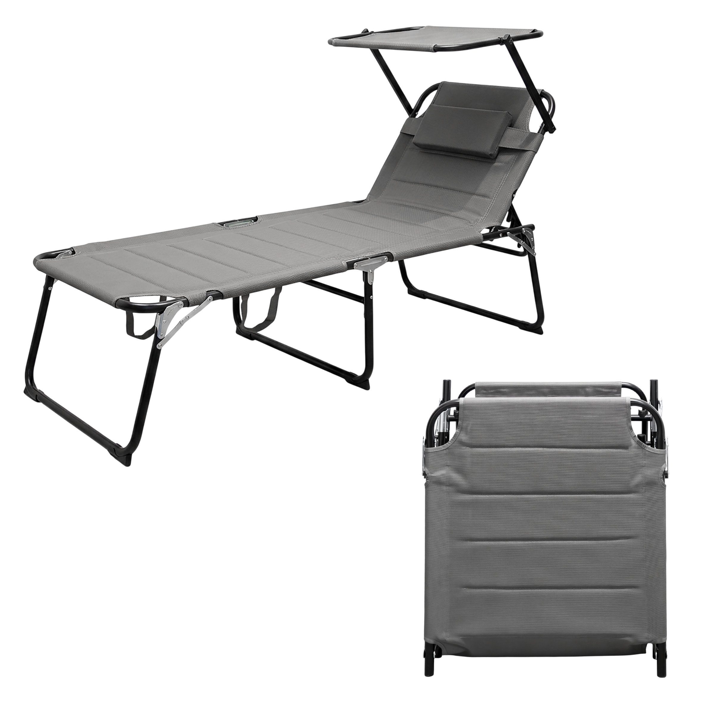 Spetebo Gartenliege Aluminium Gartenliege XXL mit Sonnendach - grau, Stück, 1 St., Gartenliege, Relax Sonnenliege inklusive Kopfkissen