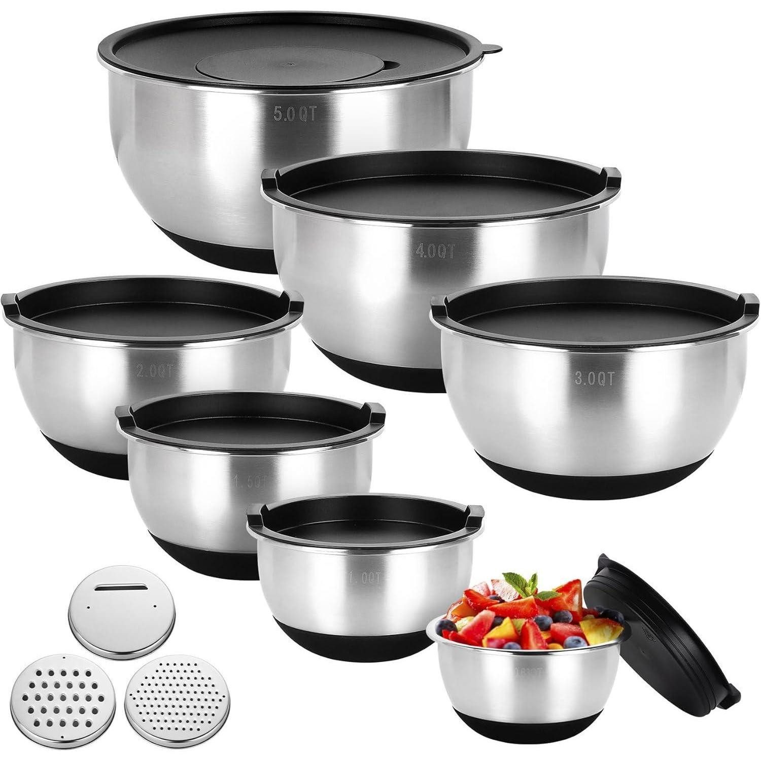 LuxusKollektion Rührschüssel Edelstahl Schüssel Set 7-teilig mit Deckel Reibenaufsätzen, Metall