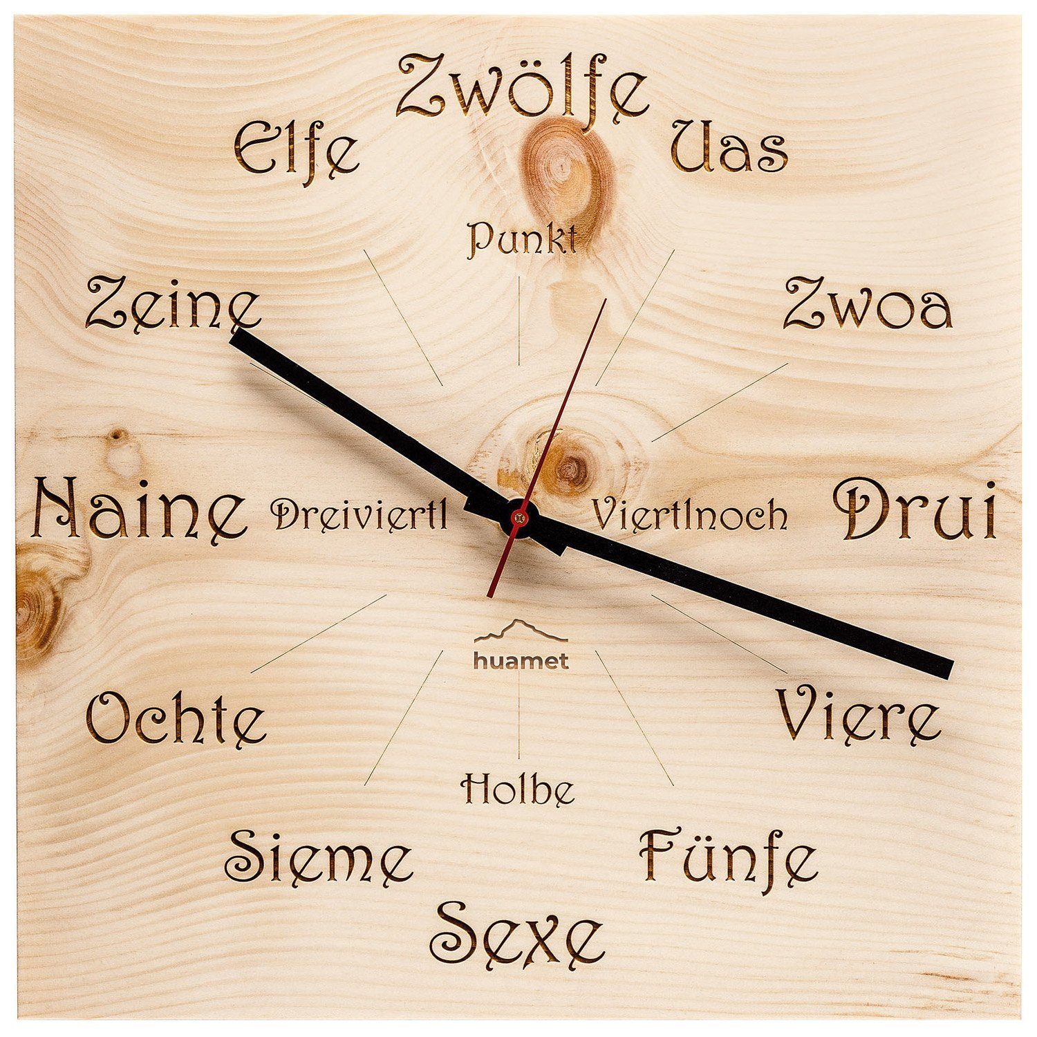 Huamet Wanduhr Holz- Zirbe Dialekt Eckig