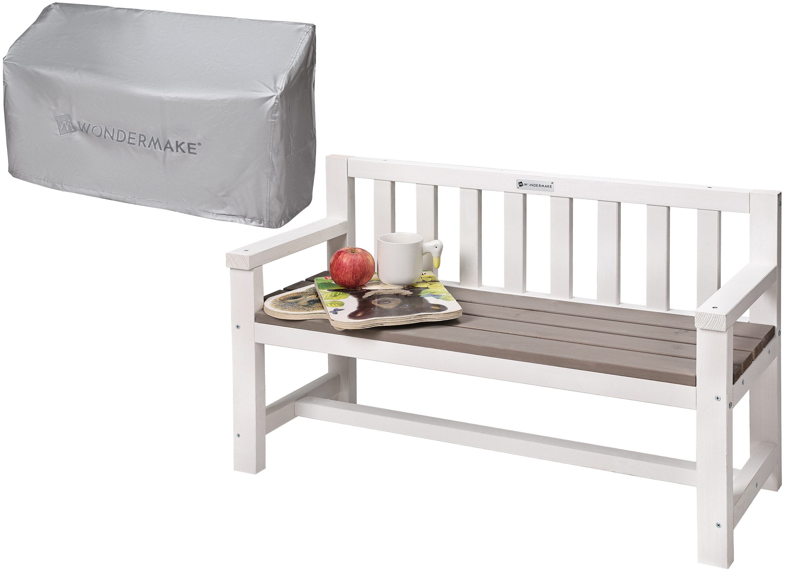 WONDERMAKE Gartenbank für Kinder Holz mit Lehne, Kinderbank Holzbank Sitzbank Parkbank grau, 2-Sitzer mit Textil Abdeckung wetterfest Garten Outdoor, Naturholz